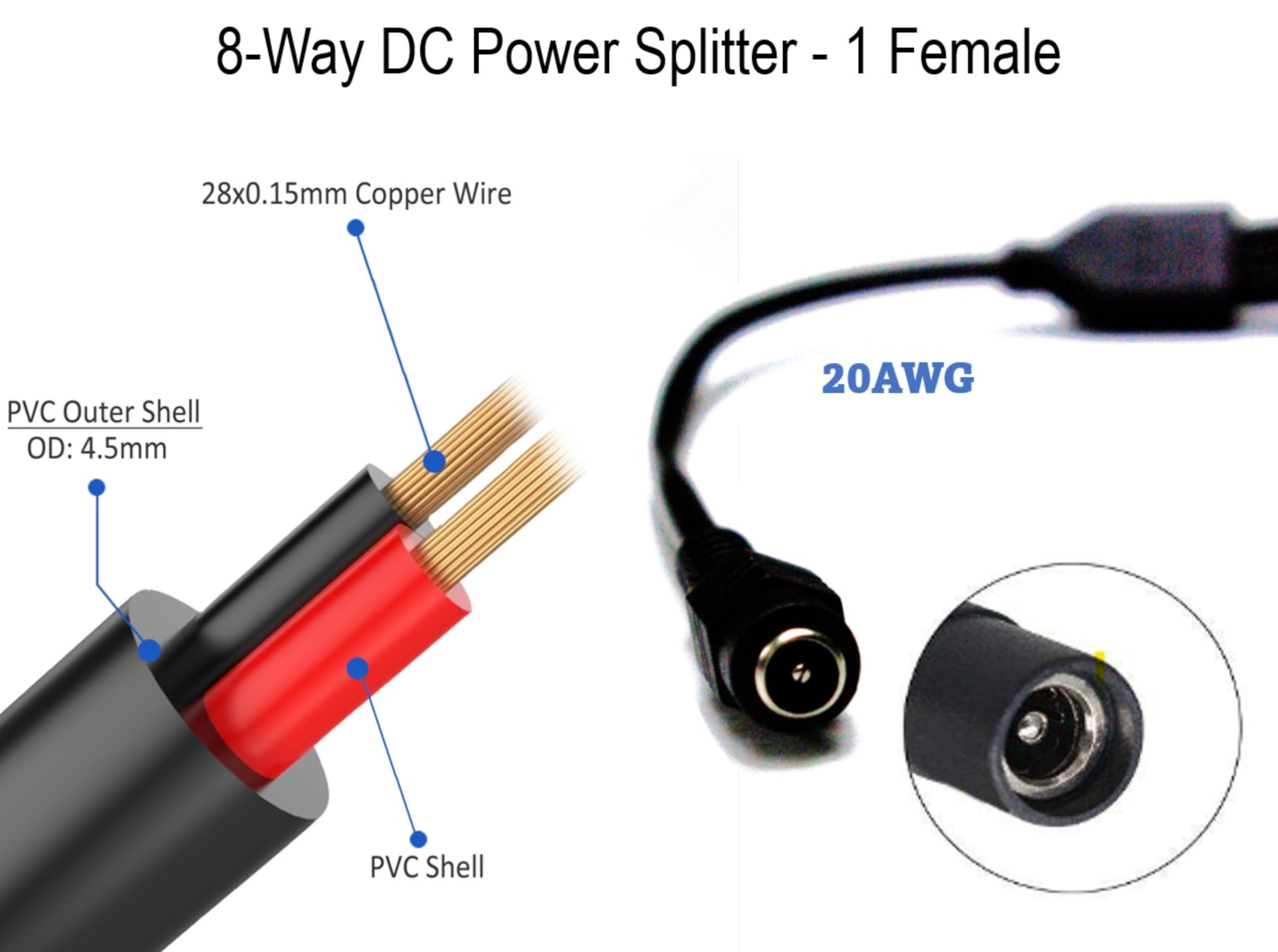 SOLTECH 8 Way DC Power Supply Splitter for Security Cameras 1 Female to 8 Male 5.5 * 2.1mm 8 Channel Y Adaptor for CCTV Surveillance Cameras (1)