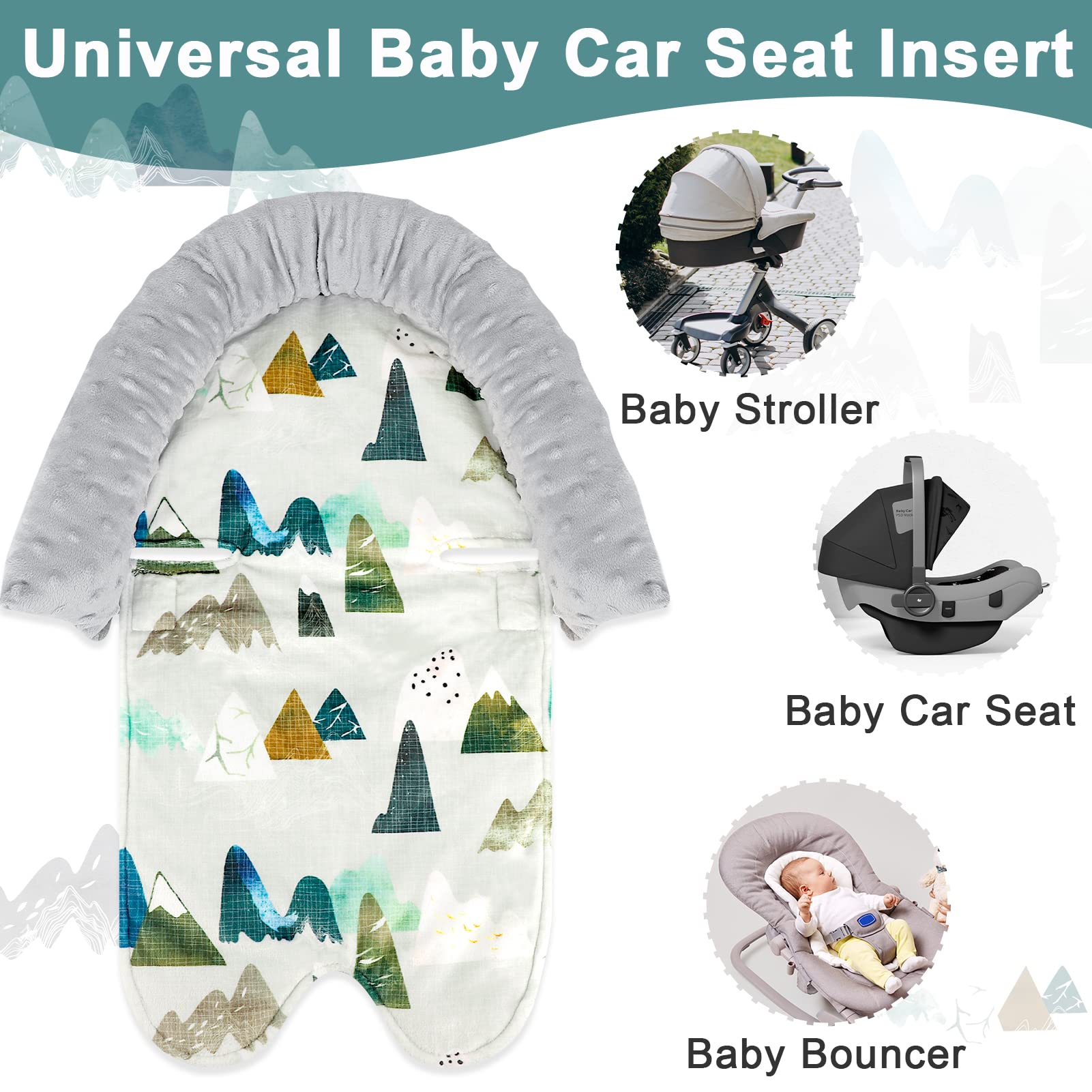 Baby Carseat Cover & Infant Car Seat Insert and Strap Covers, Adventure Mountain Minky Carseat Head Support for Boys