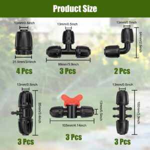 18Pcs Drip Irrigation Fittings Kit for 1/2 Inch Tubing, 2 Elbows, 4 End Caps, 3 Tees, 3 Switch Valves, 3 T Connectors, 3pcs 1/2" to 1/4" Reducers, Barbed Locked Nuts Connectors for Watering System