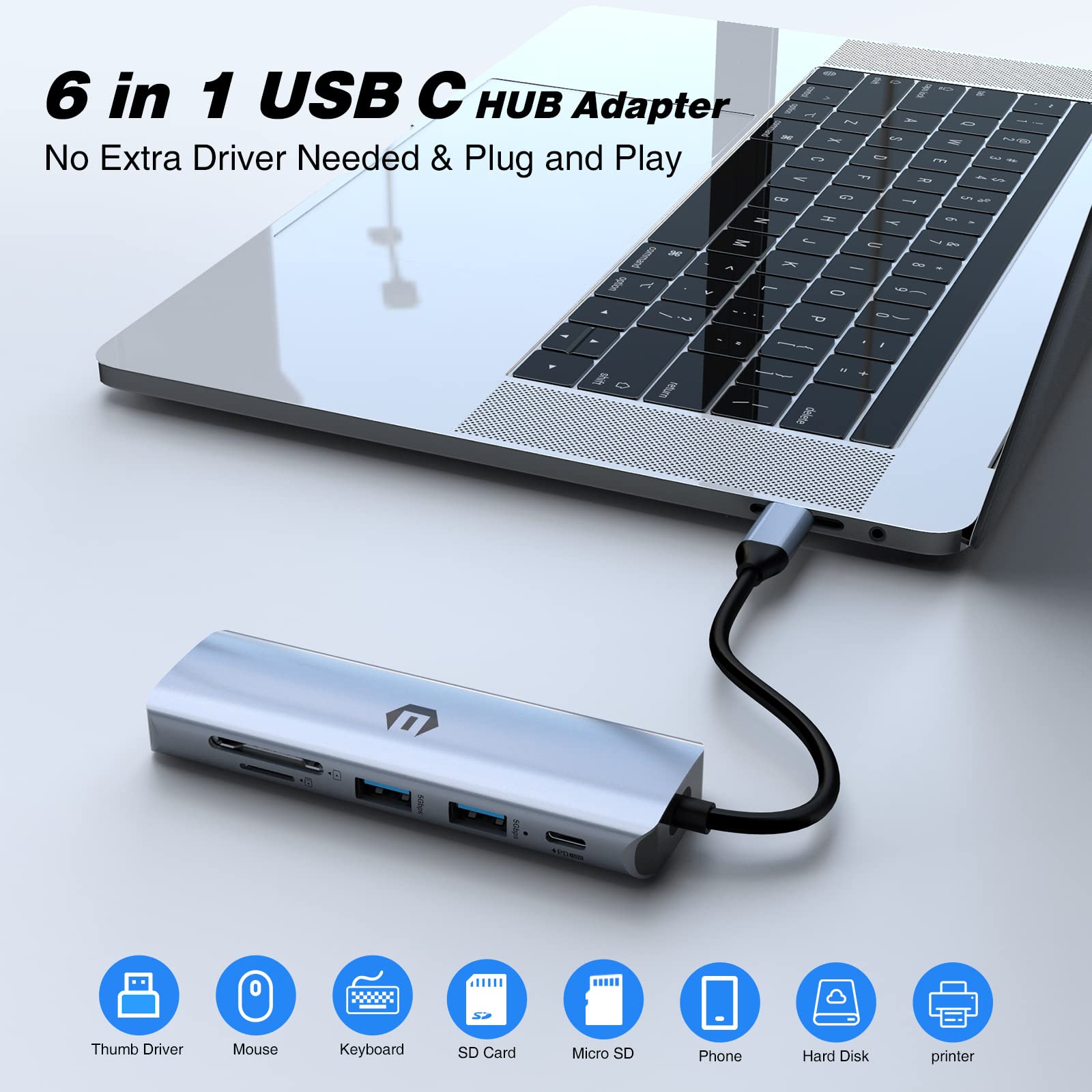 HOPDAY USB C Hub, USB C Adapter 6 in 1, USB C Hub Multiport Adapter USB C Dock with 4K HDMI, USB 3.0, PD 100W, SD/TF, MacBook Pro/Air iPad Pro Adapter, for Laptop, Surface Pro 8