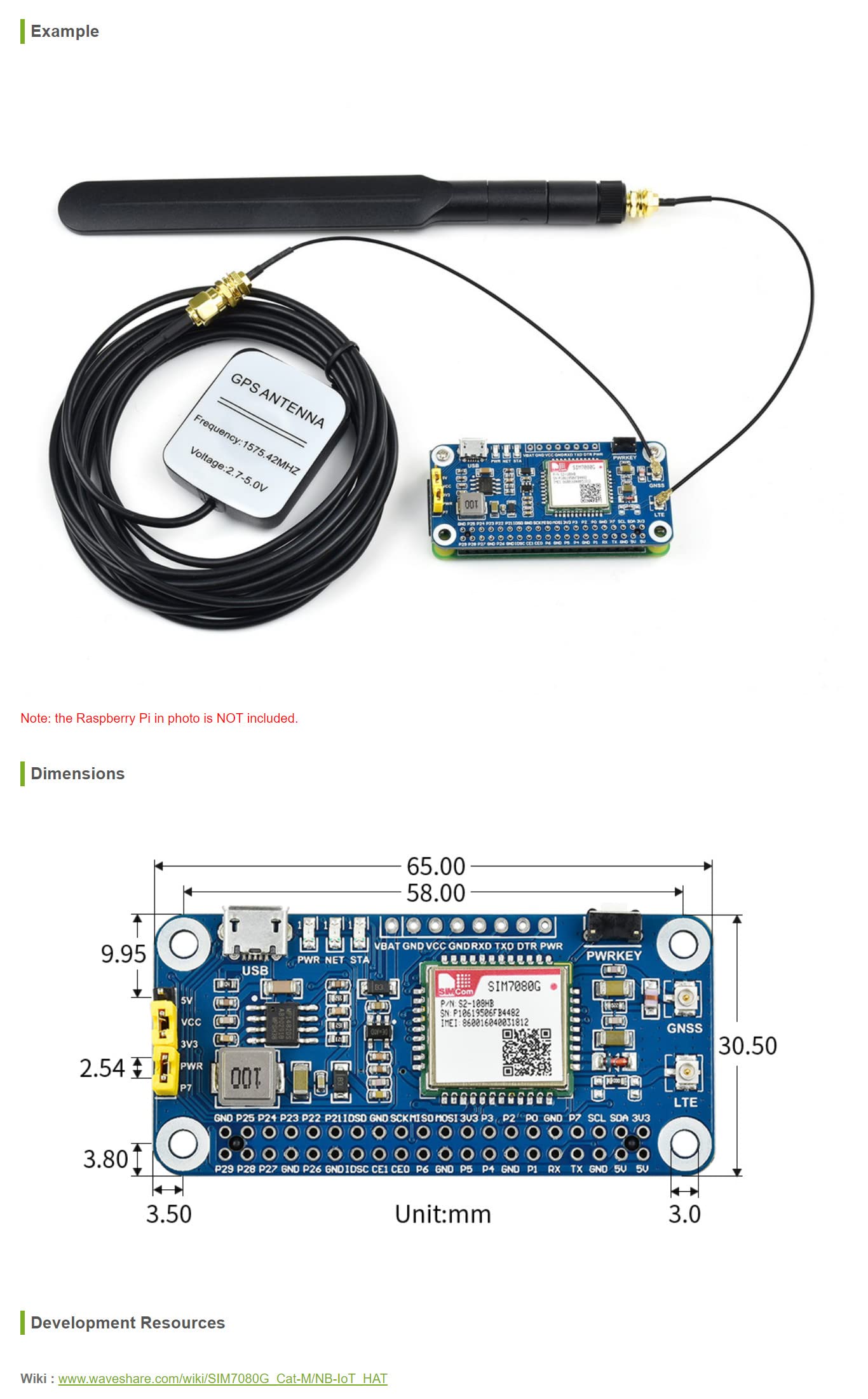 NB-IoT/Cat-M(eMTC)/GNSS HAT for Raspberry Pi Based on SIM7080G Supports Protocols as TCP/UDP/HTTP/HTTPS/TLS/DTLS/PING/LWM2M/COAP/MQTT Globally Applicable