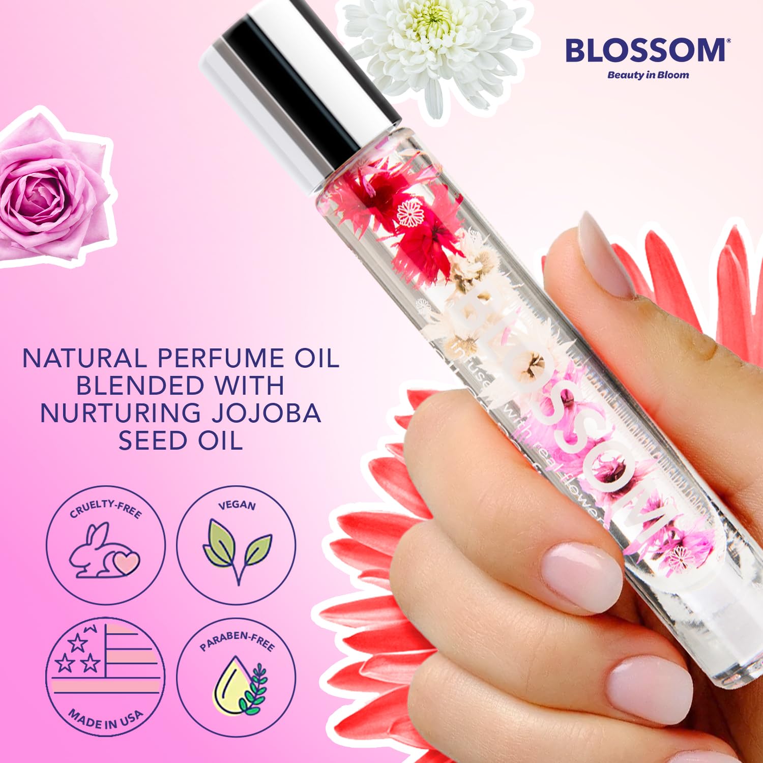 Blossom Roll on Rollerball Perfume Oil, Natural Essential Oils, Infused with Real Flowers, Made in USA, 0.20 fl. oz./5.9 ml (Rose, Violet, Lily, Magnolia, Amber, Cedarwood) Let Love Shine Rainbow Rose