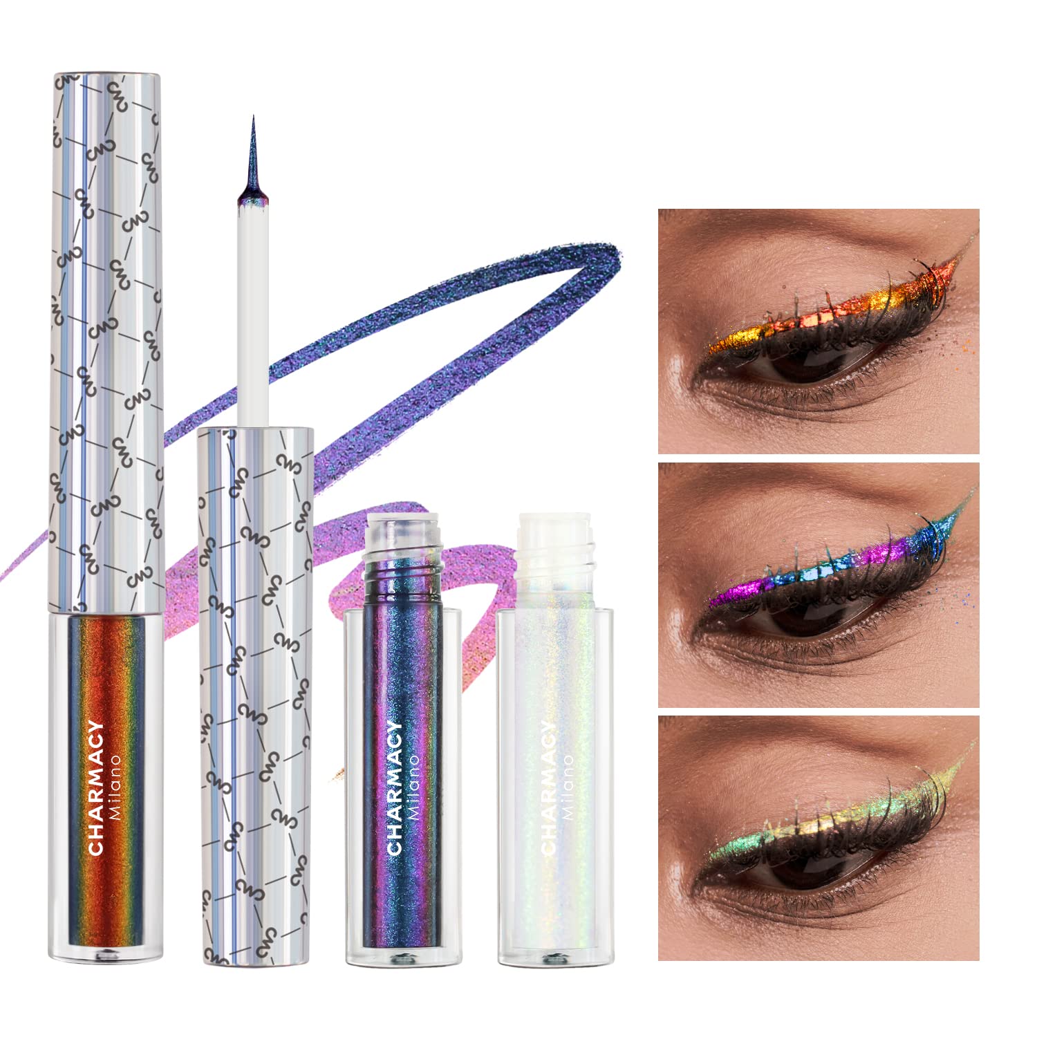 CHARMACY Chameleon Liquid Eyeliner, Liquid Glitter Eyeliner, Highly Pigmented, Metallic Intense MultiColor Shifting waterproof Eyeliner, Ultra-Fine Tip, Longwearing, Smudge-proof (#SET1-901/904/907)