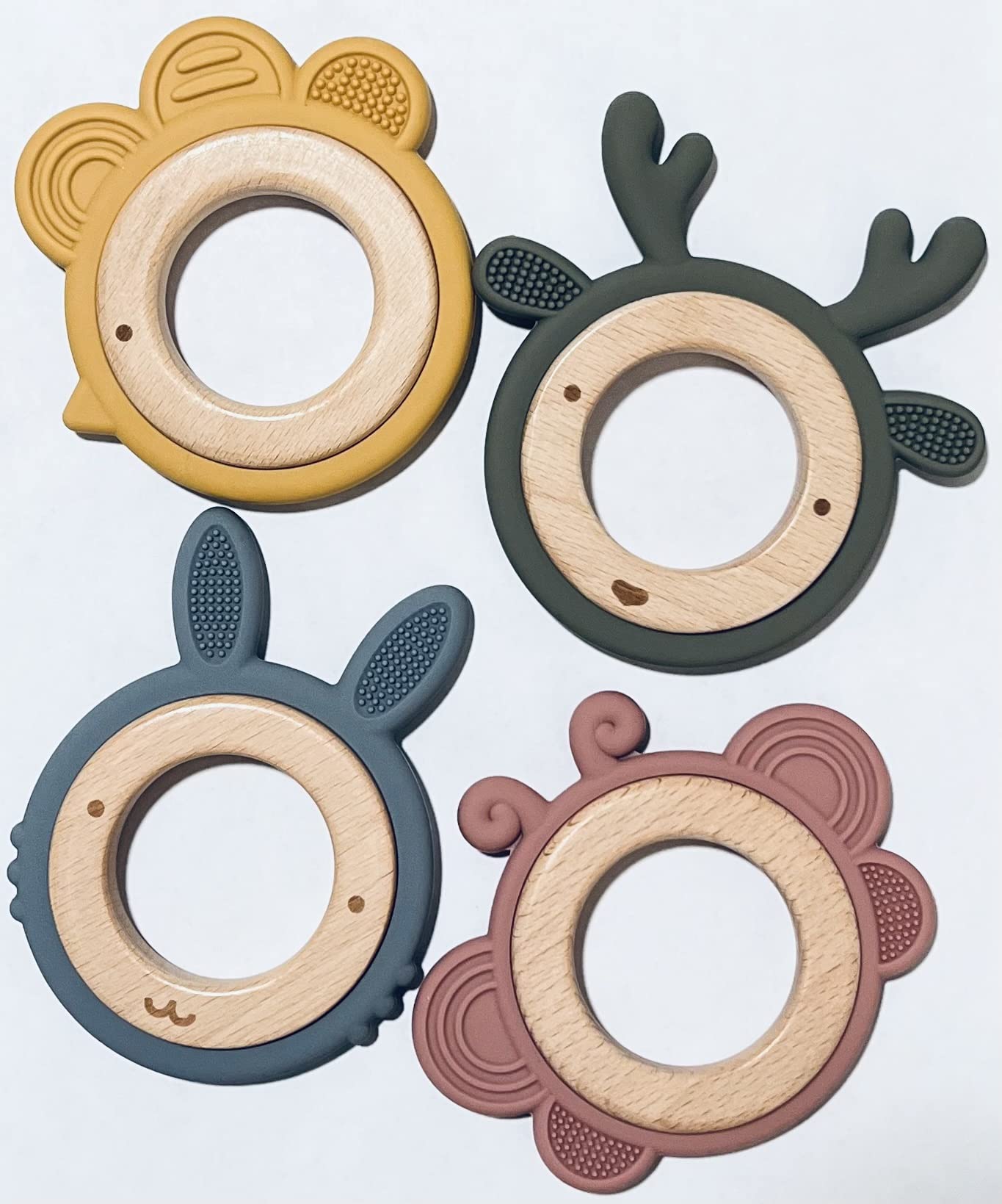 LogiBear Animal Baby Teether Ring for 6+ Months, Non-Toxic BPA Free Food Grade Silicone and Beech Wood, Baby Tested for Easy Grip and Soothing Teething Pain (Deer, Sage)