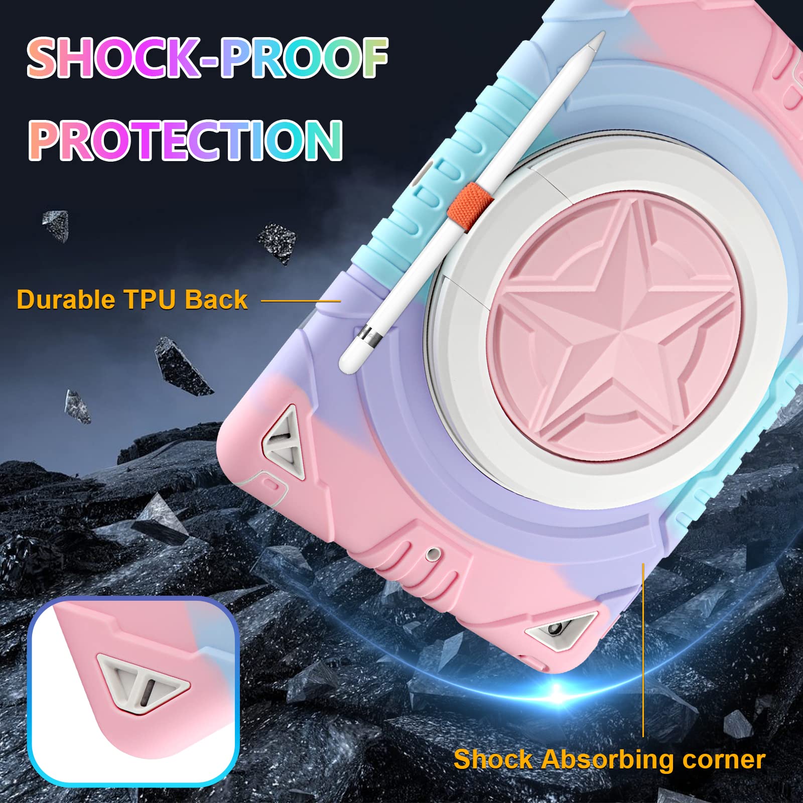 for 9th 8th 7th Generation Case with Screen Protector 360 Rotating Stand/Handle, 10.2 Case with Shoulder Strap Pencil Holder for Kids Hard Stars Cover for 10.2'' (2021/2020/2019)-Pink