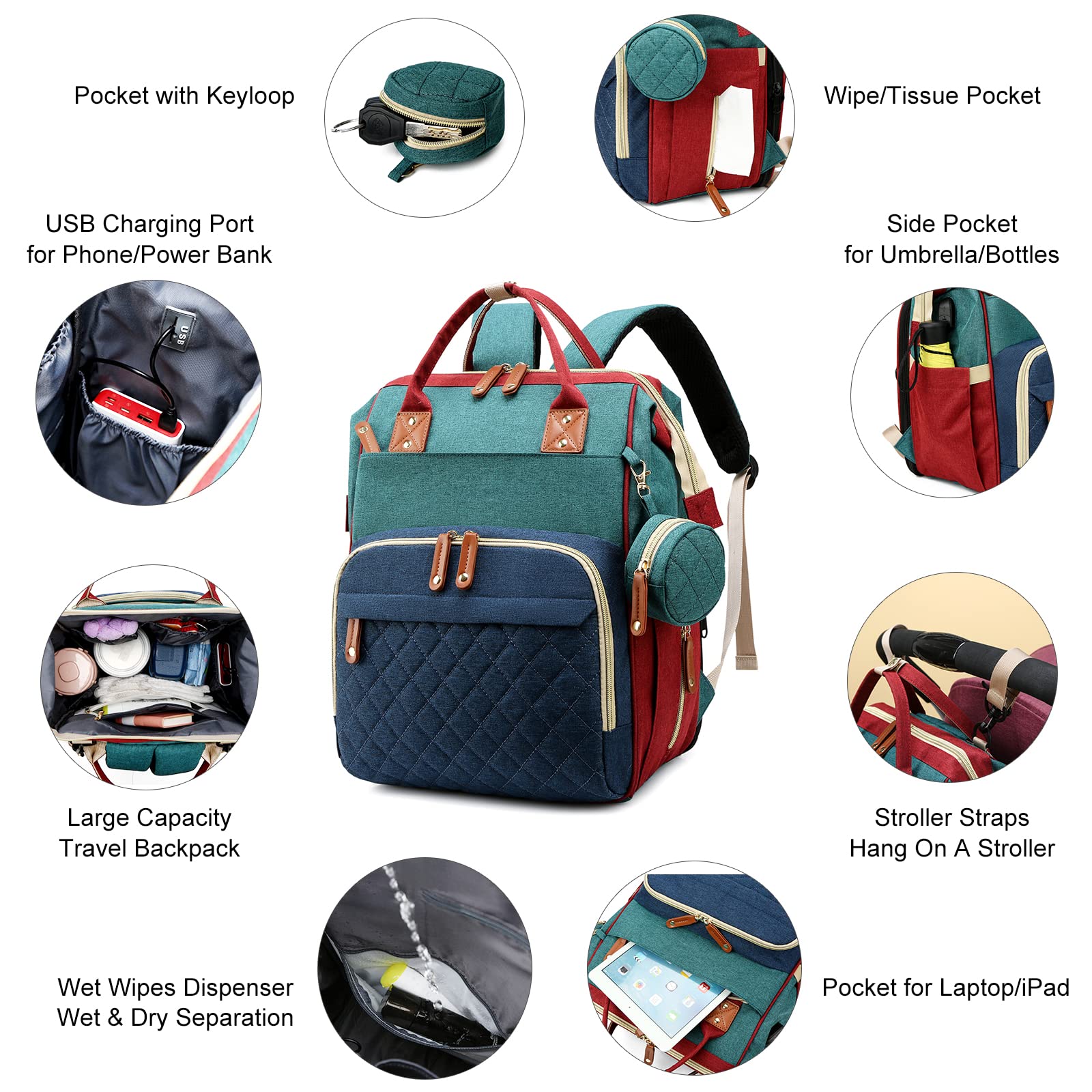 Diaper Bag with Changing Station, Waterproof 3 in 1 Baby Diaper Backpack with Foldable Changing Pad, Large Travel Back Pack for Girl Boy, Red-Green-Blue