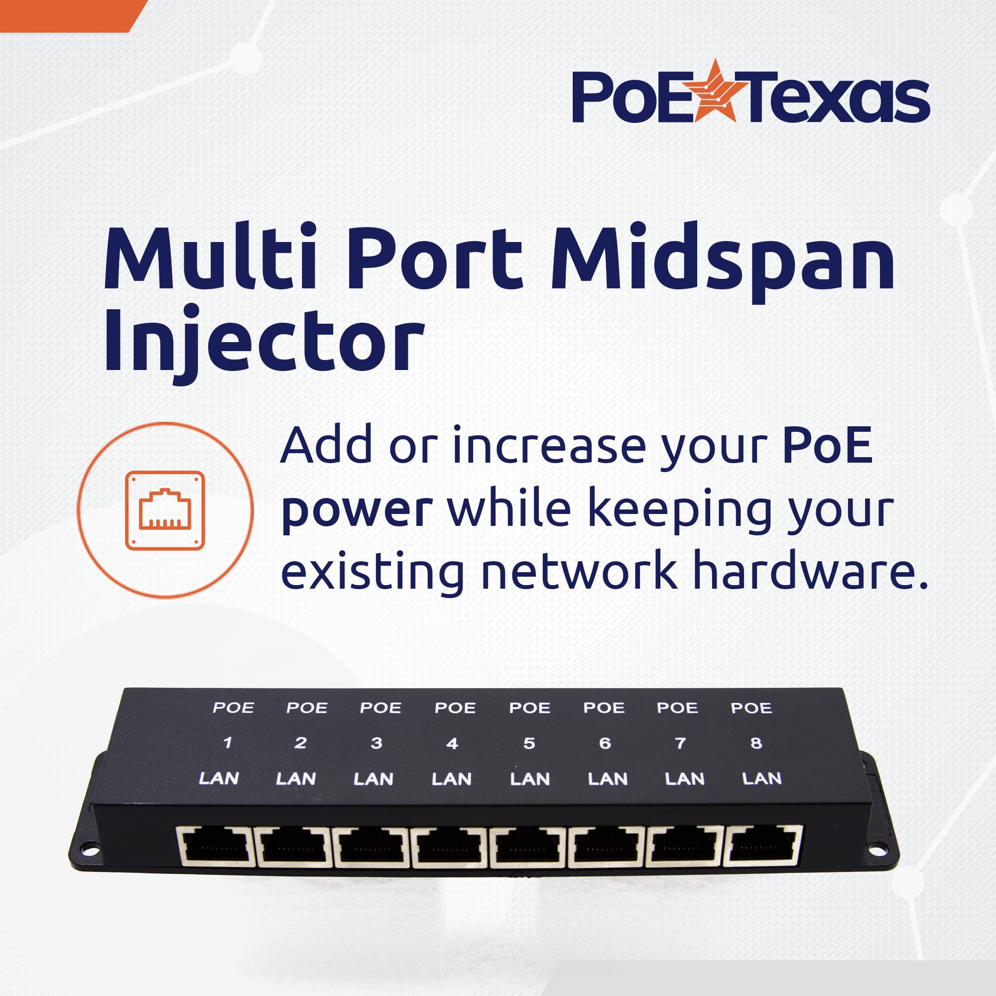 PoE Texas 8 Port PoE Injector - 10/100 Passive Power Over Ethernet 48v Power Supply - 48 Volt 60 Watt AC to DC Power Supply