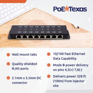 PoE Texas 8 Port PoE Injector - 10/100 Passive Power Over Ethernet 48v Power Supply - 48 Volt 60 Watt AC to DC Power Supply