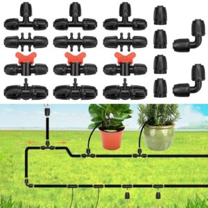 18pcs drip irrigation fittings kit for 1/2 inch tubing, 2 elbows, 4 end caps, 3 tees, 3 switch valves, 3 t connectors, 3pcs 1/2" to 1/4" reducers, barbed locked nuts connectors for watering system