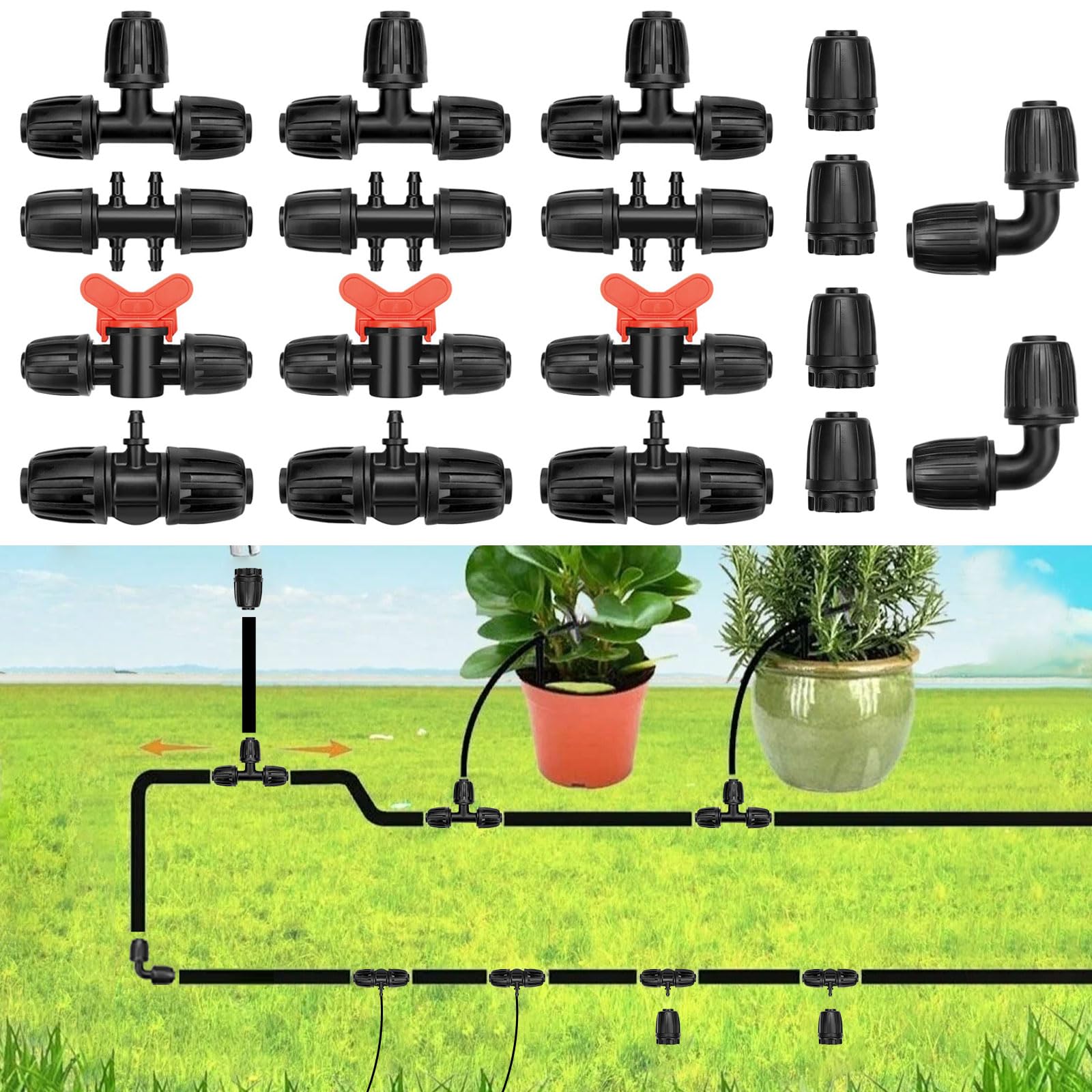 18Pcs Drip Irrigation Fittings Kit for 1/2 Inch Tubing, 2 Elbows, 4 End Caps, 3 Tees, 3 Switch Valves, 3 T Connectors, 3pcs 1/2" to 1/4" Reducers, Barbed Locked Nuts Connectors for Watering System