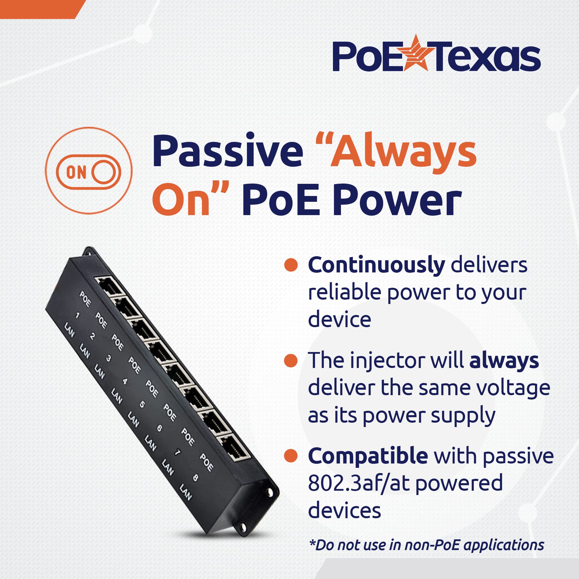 PoE Texas 8 Port PoE Injector - 10/100 Passive Power Over Ethernet 48v Power Supply - 48 Volt 60 Watt AC to DC Power Supply