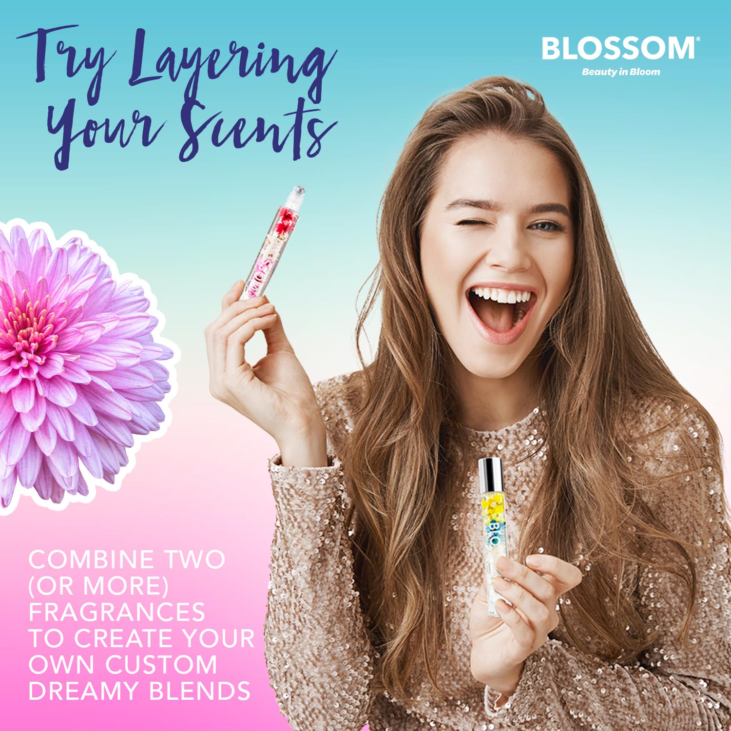 Blossom Roll on Rollerball Perfume Oil, Natural Essential Oils, Infused with Real Flowers, Made in USA, 0.20 fl. oz./5.9 ml (Rose, Violet, Lily, Magnolia, Amber, Cedarwood) Let Love Shine Rainbow Rose