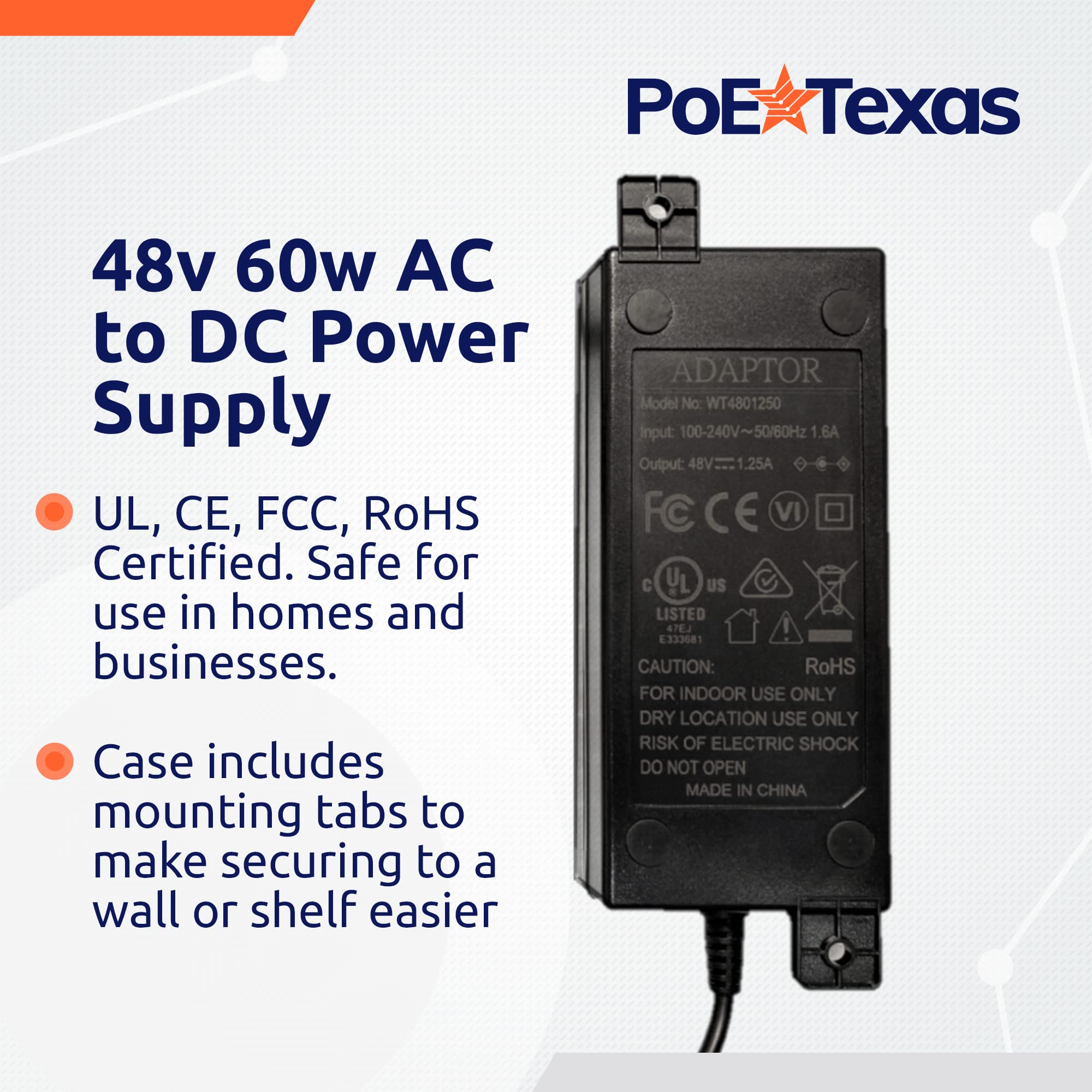 PoE Texas 8 Port PoE Injector - 10/100 Passive Power Over Ethernet 48v Power Supply - 48 Volt 60 Watt AC to DC Power Supply