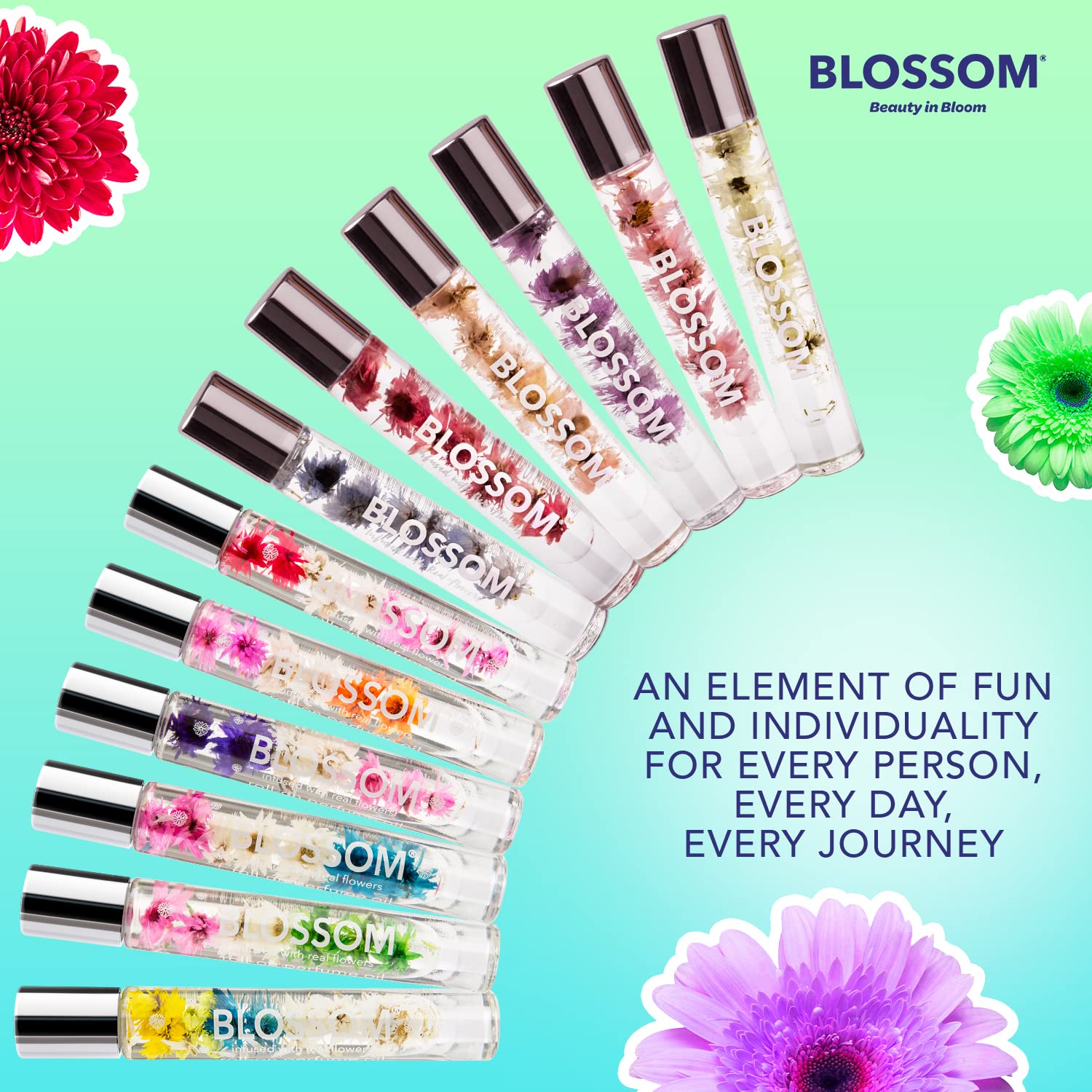 Blossom Roll on Rollerball Perfume Oil, Natural Essential Oils, Infused with Real Flowers, Made in USA, 0.20 fl. oz./5.9 ml (Rose, Violet, Lily, Magnolia, Amber, Cedarwood) Let Love Shine Rainbow Rose