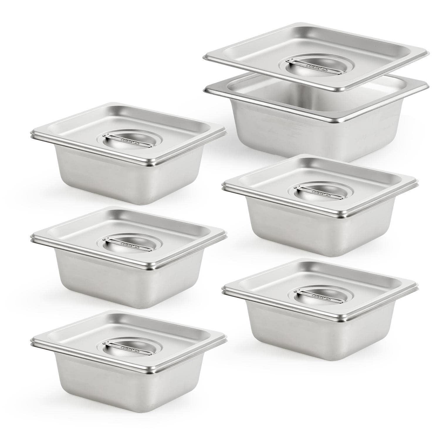 CURTA 6 Pack Anti-Jam Hotel Pans with Lids, 1/6 Size 2 1/2 Inch Deep, NSF Commercial 18/8 Stainless Steel Chafing Steam Table Food Pan with Covers