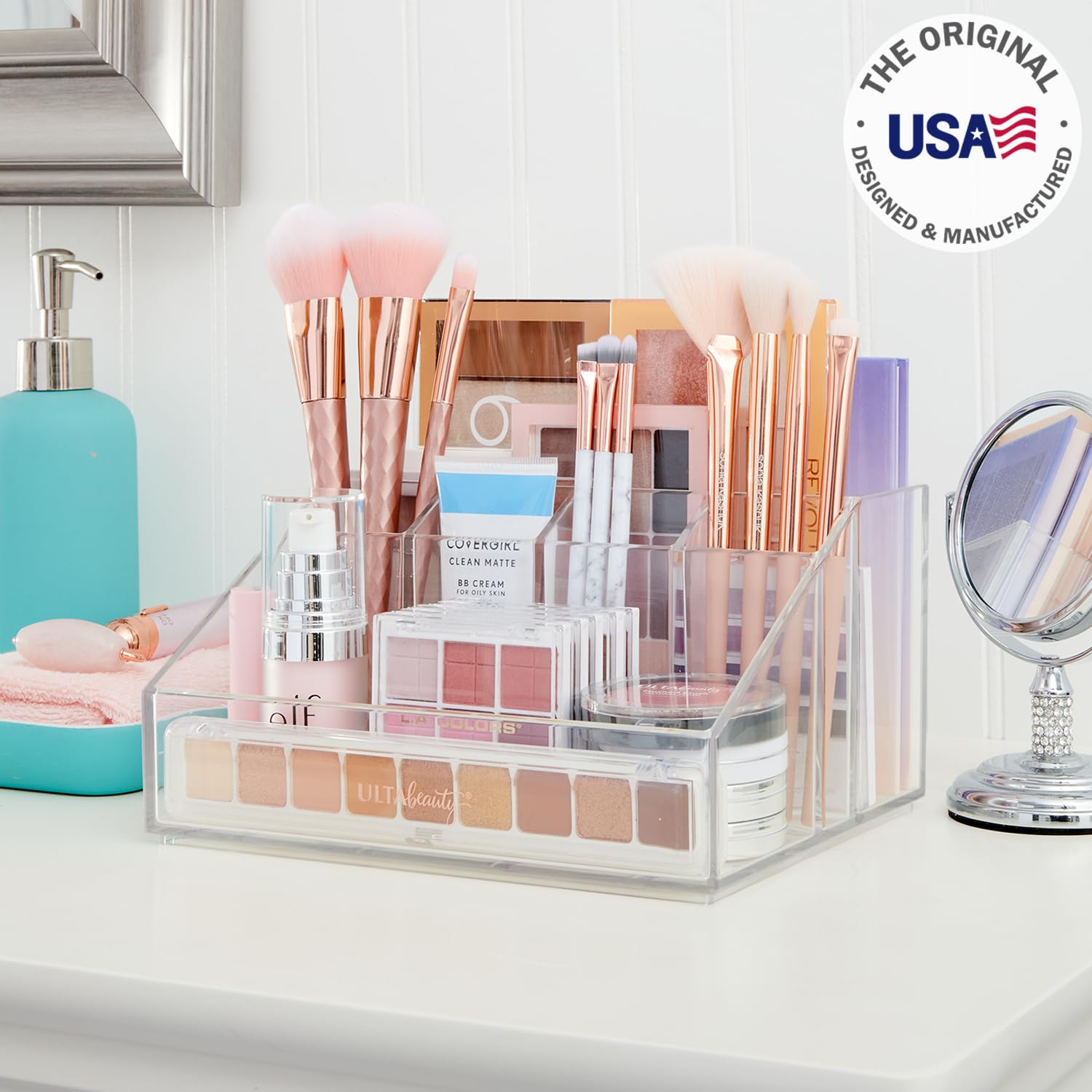 STORi Chloe Clear Plastic Stackable Vanity Makeup Organizer | Rectangular 6-Compartment Holder for Cosmetics, Brushes, Eyeshadow Palettes, & Beauty Supplies | Made in USA