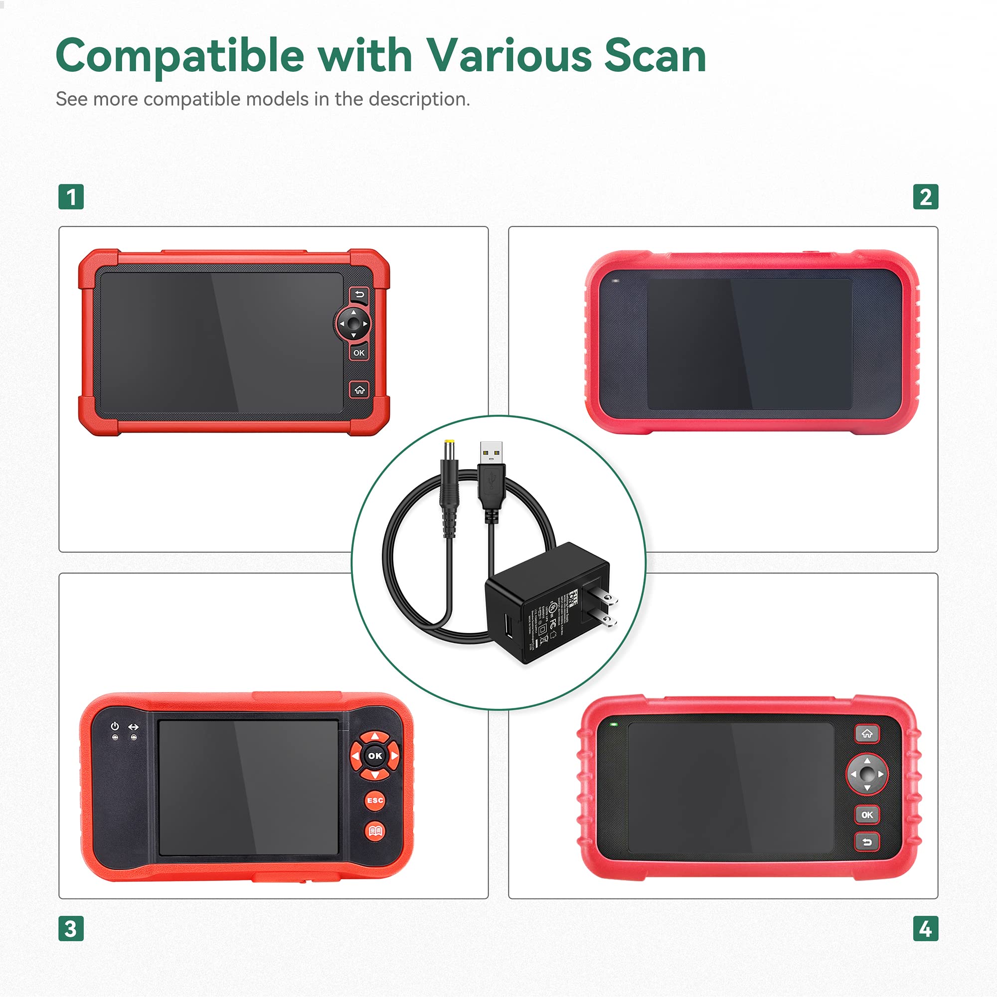 FITE ON 5V AC/DC Adapter + USB Cable Replacement for Launch CRP123X CRP129X CRP123E CRP129E Diagnostic Scanner Tool UL Listed