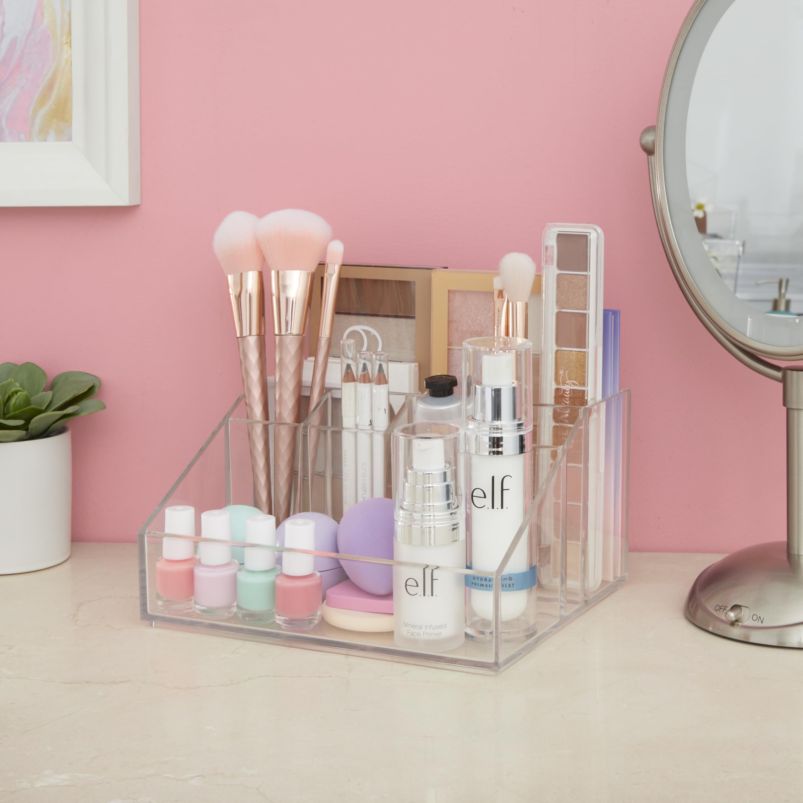 STORi Chloe Clear Plastic Stackable Vanity Makeup Organizer | Rectangular 6-Compartment Holder for Cosmetics, Brushes, Eyeshadow Palettes, & Beauty Supplies | Made in USA