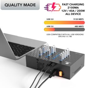 Powered USB Hub – 20 Port USB 3.0 Hub - 5Gbps Sync & High-Speed Data Transfer Multiple USB Splitter with Built-in 5V 40A Power Adapter - Fan & Mounting Brackets for Phone MB Laptop Tablet PC - 110V