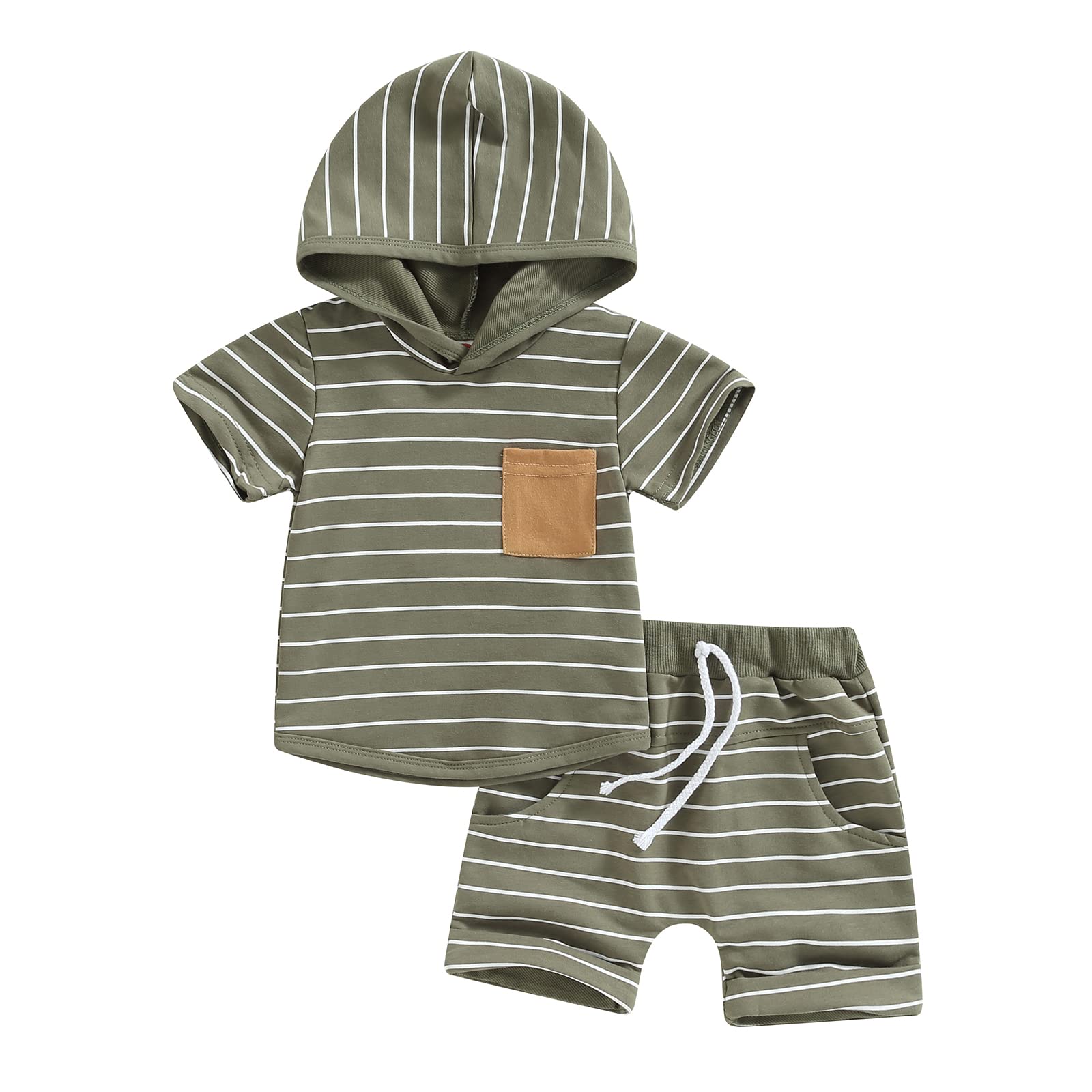 allshope Toddler Baby Boys Summer Outfits Stripes Short Sleeve Hooded Sweatshirt and Casual Elastic Drawstring Shorts Clothes Set