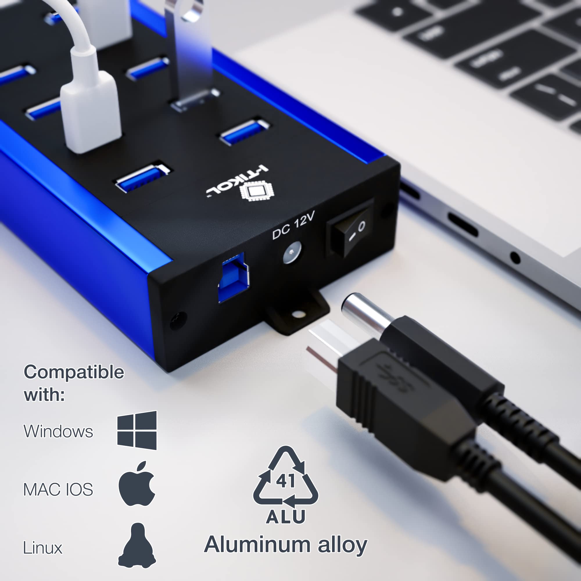 10 Ports Powered USB Hub - USB 3 0 Hub - USB Expander Hub 12V 5A 60W 2.4mA Power Adapter - up to 5Gbps High-Speed USB Splitter - Aluminum Alloy Multiple USB Port Hub for Laptop Phone Tablet PC