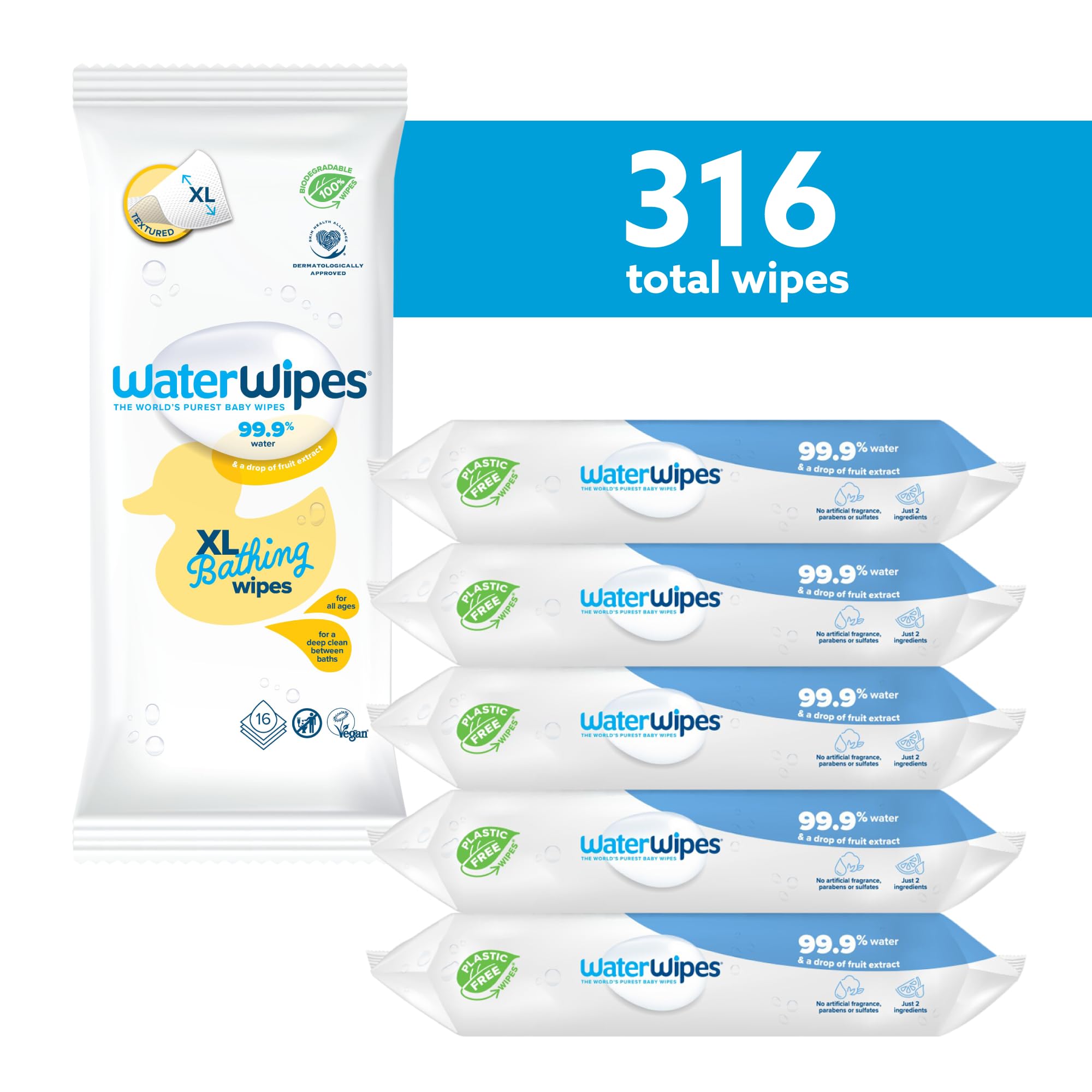 WaterWipes Bundle, Original 300 Count (5 packs) & XL Bathing Wipes 16 Count (1 pack), Plastic-Free, 99.9% Water Based Wipes, Unscented, Hypoallergenic for Sensitive Skin, Packaging May Vary