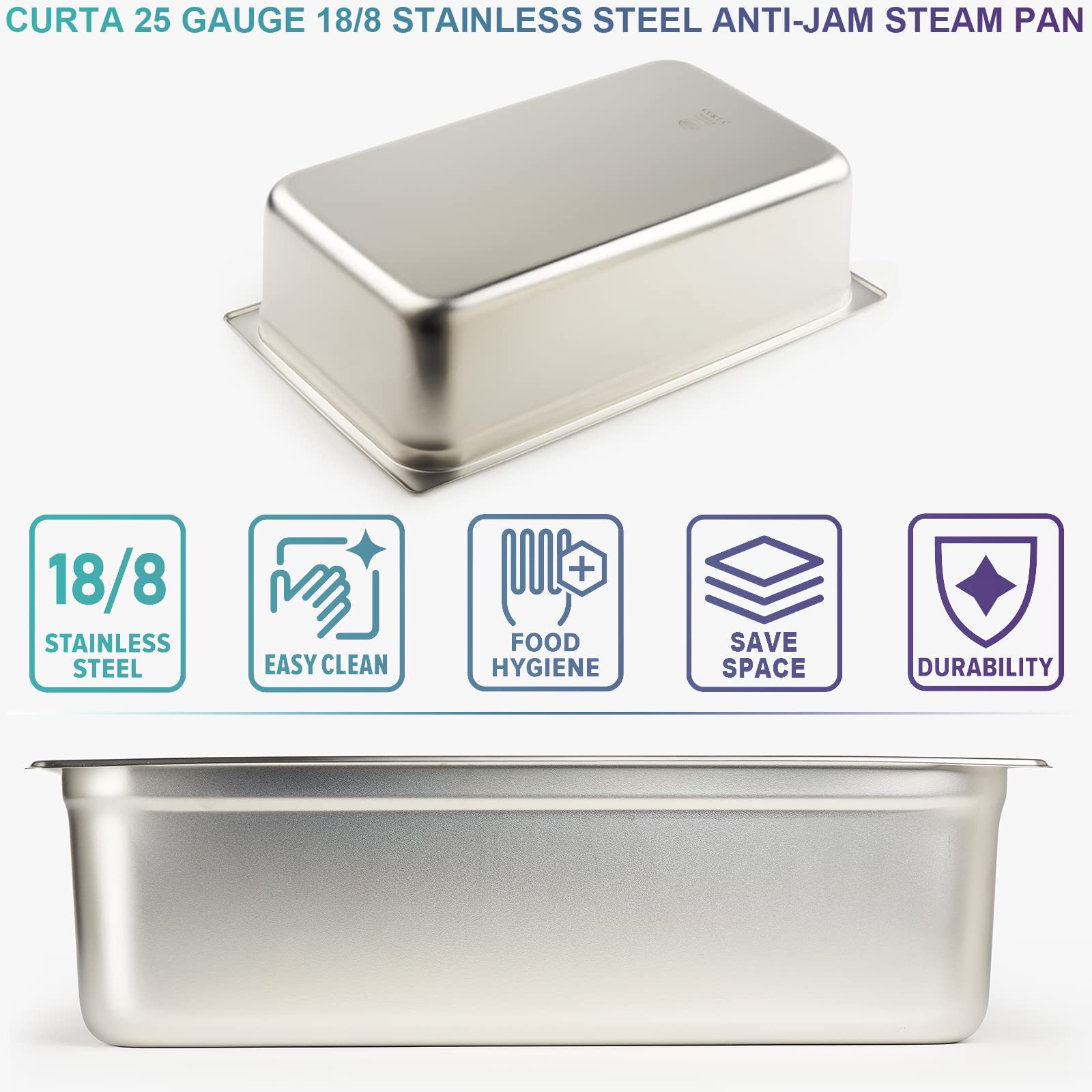 CURTA 6 Pack Anti-Jam Slotted Hotel Pans with Lids, Full Size 6 Inch Deep, NSF Commercial 18/8 Stainless Steel Chafing Steam Table Food Pan with Covers