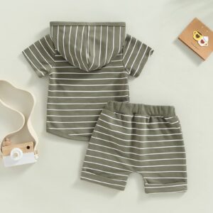 allshope Toddler Baby Boys Summer Outfits Stripes Short Sleeve Hooded Sweatshirt and Casual Elastic Drawstring Shorts Clothes Set