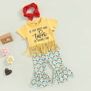 LIOMENGZI Baby Girls Tassels Summer Outfits Clothes Bell Bottoms Short Sleeve T Shirt Tops Outfits Short Flare Pants Set