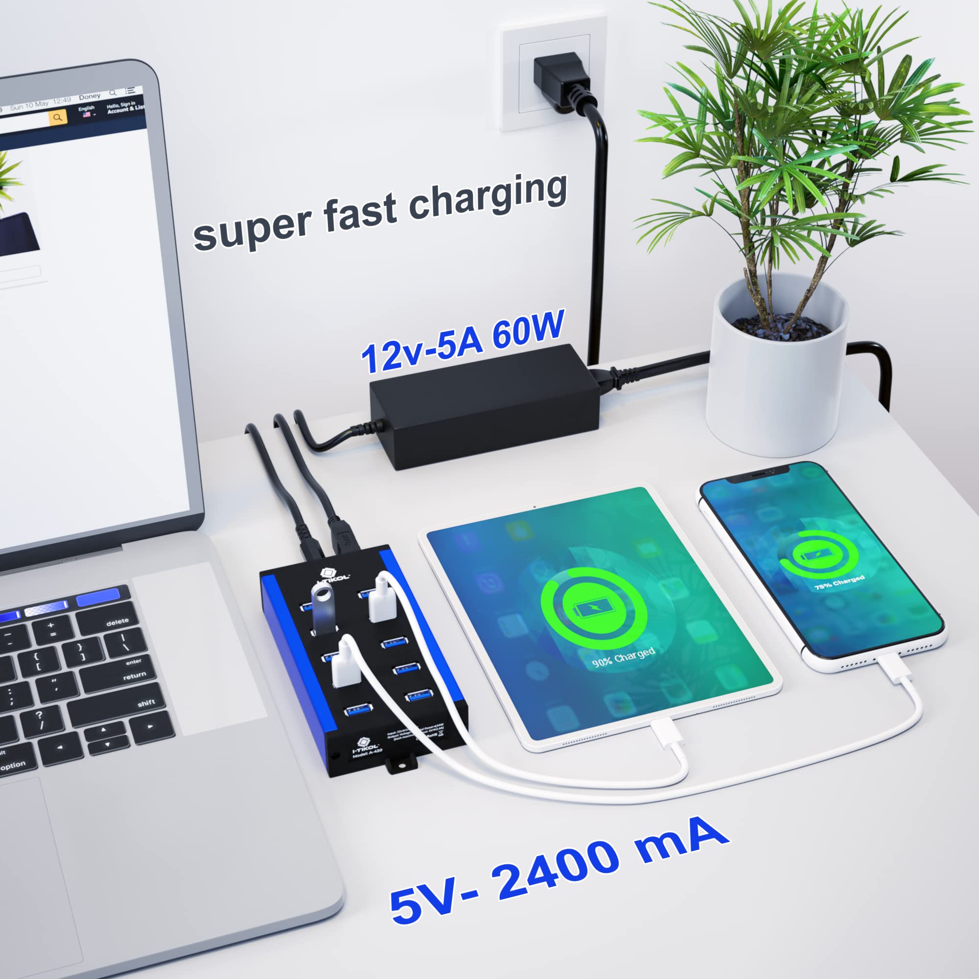 10 Ports Powered USB Hub - USB 3 0 Hub - USB Expander Hub 12V 5A 60W 2.4mA Power Adapter - up to 5Gbps High-Speed USB Splitter - Aluminum Alloy Multiple USB Port Hub for Laptop Phone Tablet PC