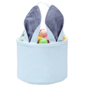 easter bunny basket seersucker egg bags for kids,personalized candy egg basket rabbit boy girl gift buckets with fluffy tail gifts bags for easter(blue)