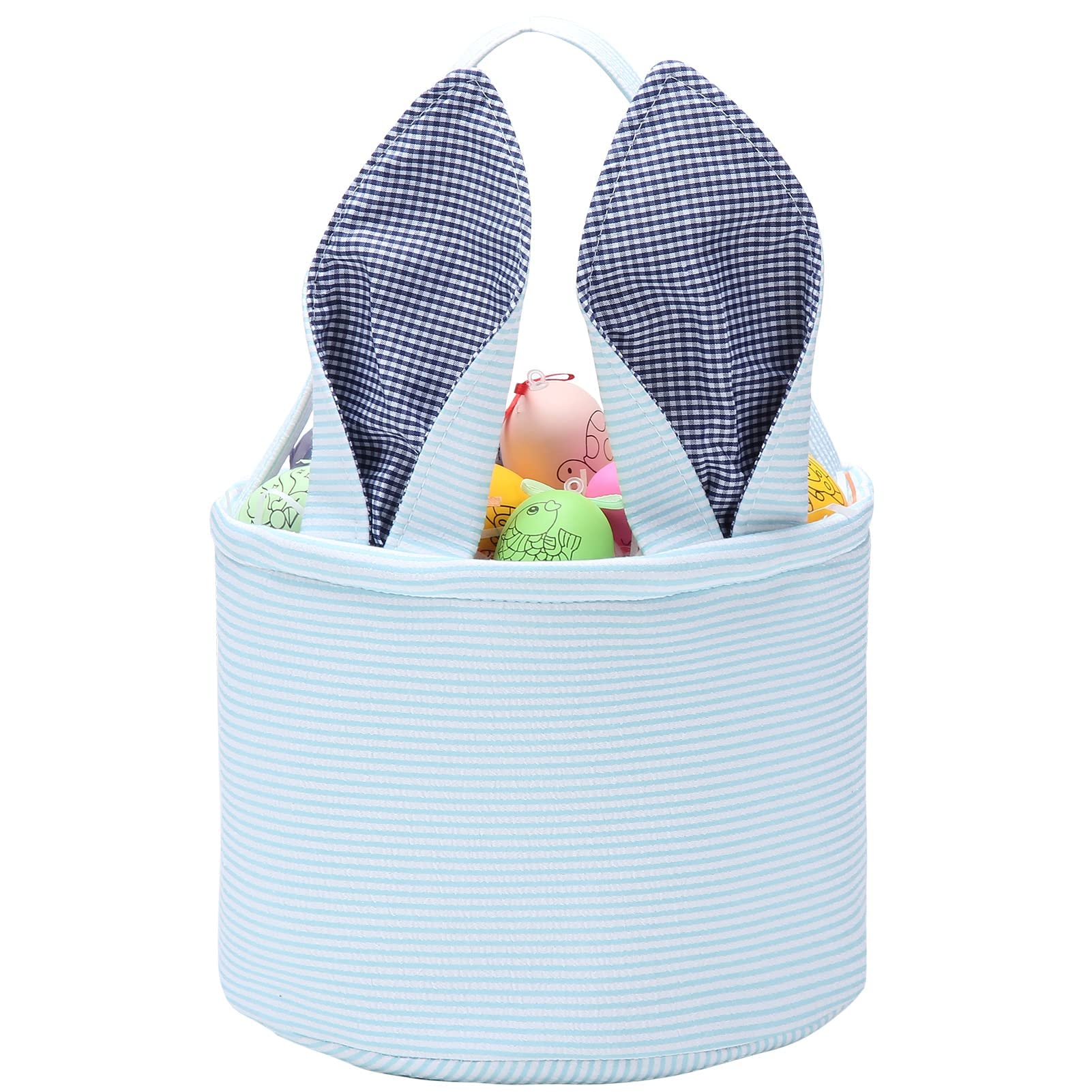 Easter Bunny Basket Seersucker Egg Bags for Kids,Personalized Candy Egg Basket Rabbit Boy Girl Gift Buckets with Fluffy Tail Gifts Bags for Easter(Blue)