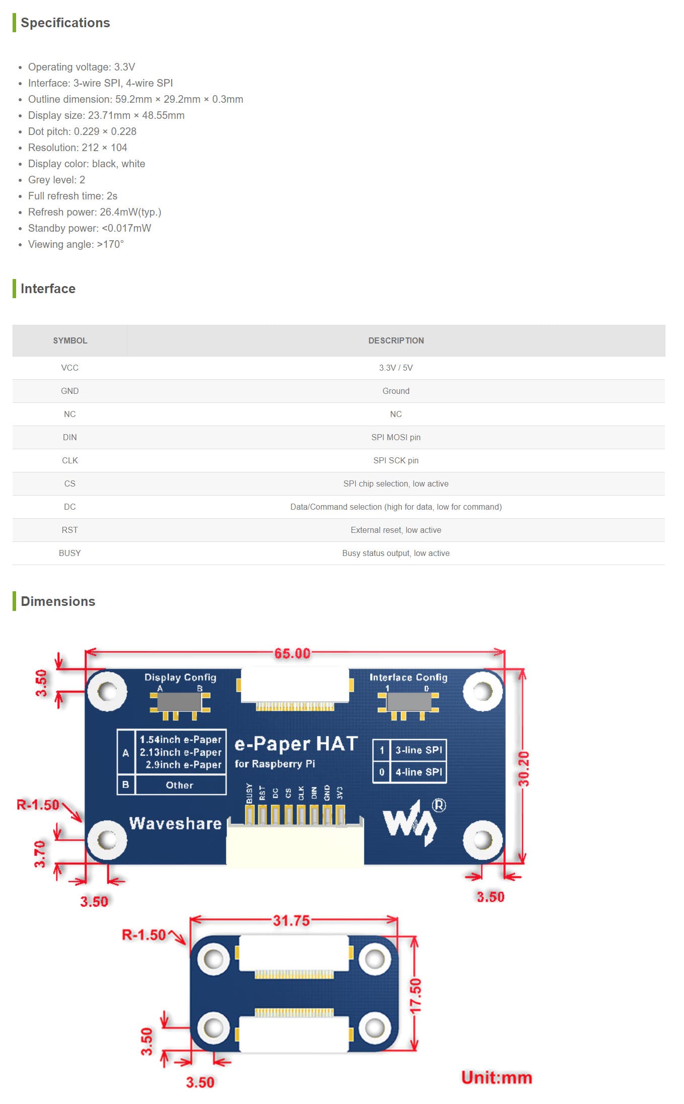 Coolwell 2.13 Inch Flexible E-Ink Display HAT Module Black/White SPI Interface E-Paper for Raspberry Pi 2B/3B/Zero/Zero W Supports Partial Refresh for Curved Surface Display