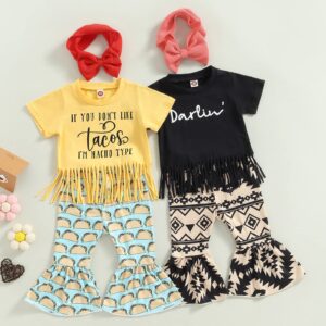 LIOMENGZI Baby Girls Tassels Summer Outfits Clothes Bell Bottoms Short Sleeve T Shirt Tops Outfits Short Flare Pants Set