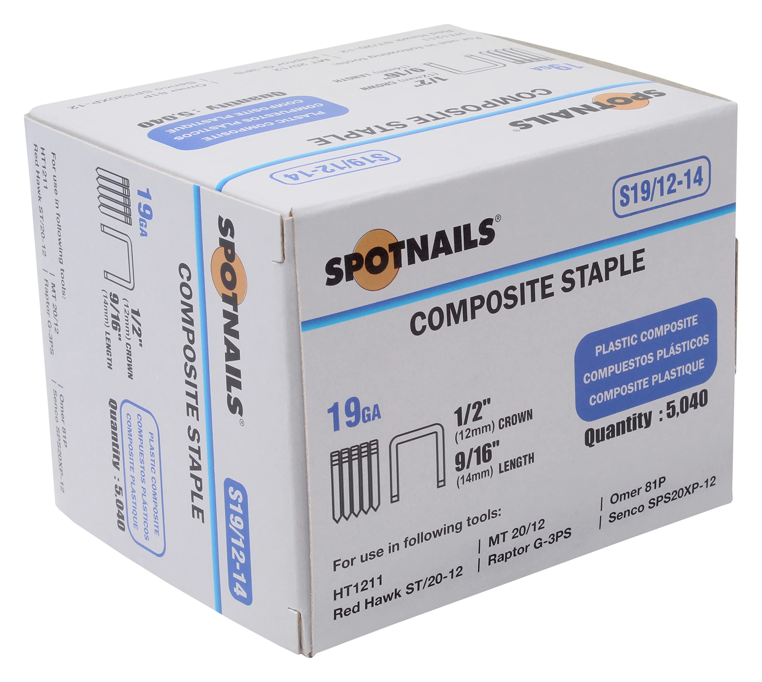 Spotnails S19/12-14 19GA 1/2" Crown X 9/16" Leg Composite Staples 5040 Count, White