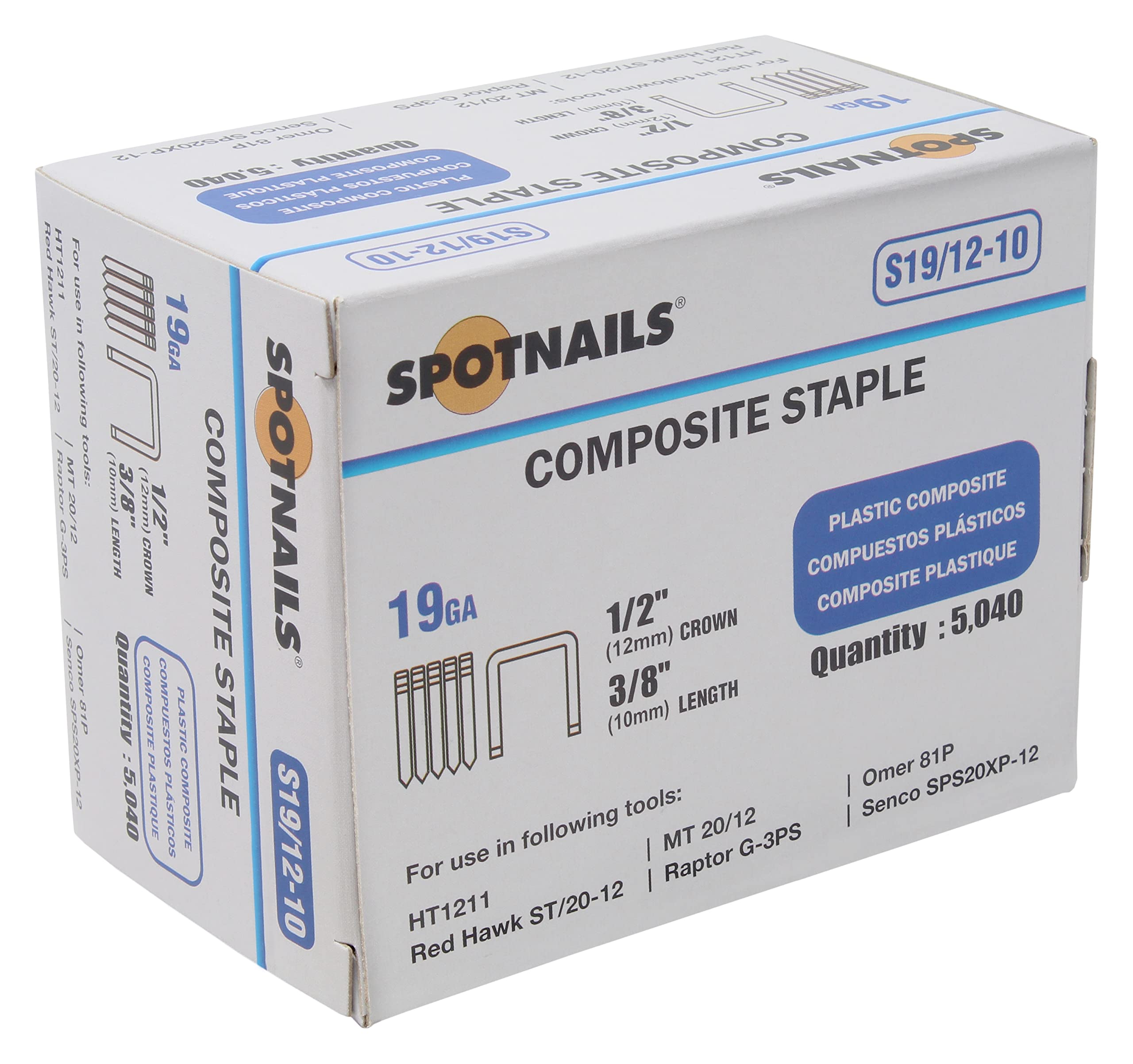 Spotnails S19/12-10 19GA 1/2" Crown x 3/8" Leg Composite Staples 5040 Count