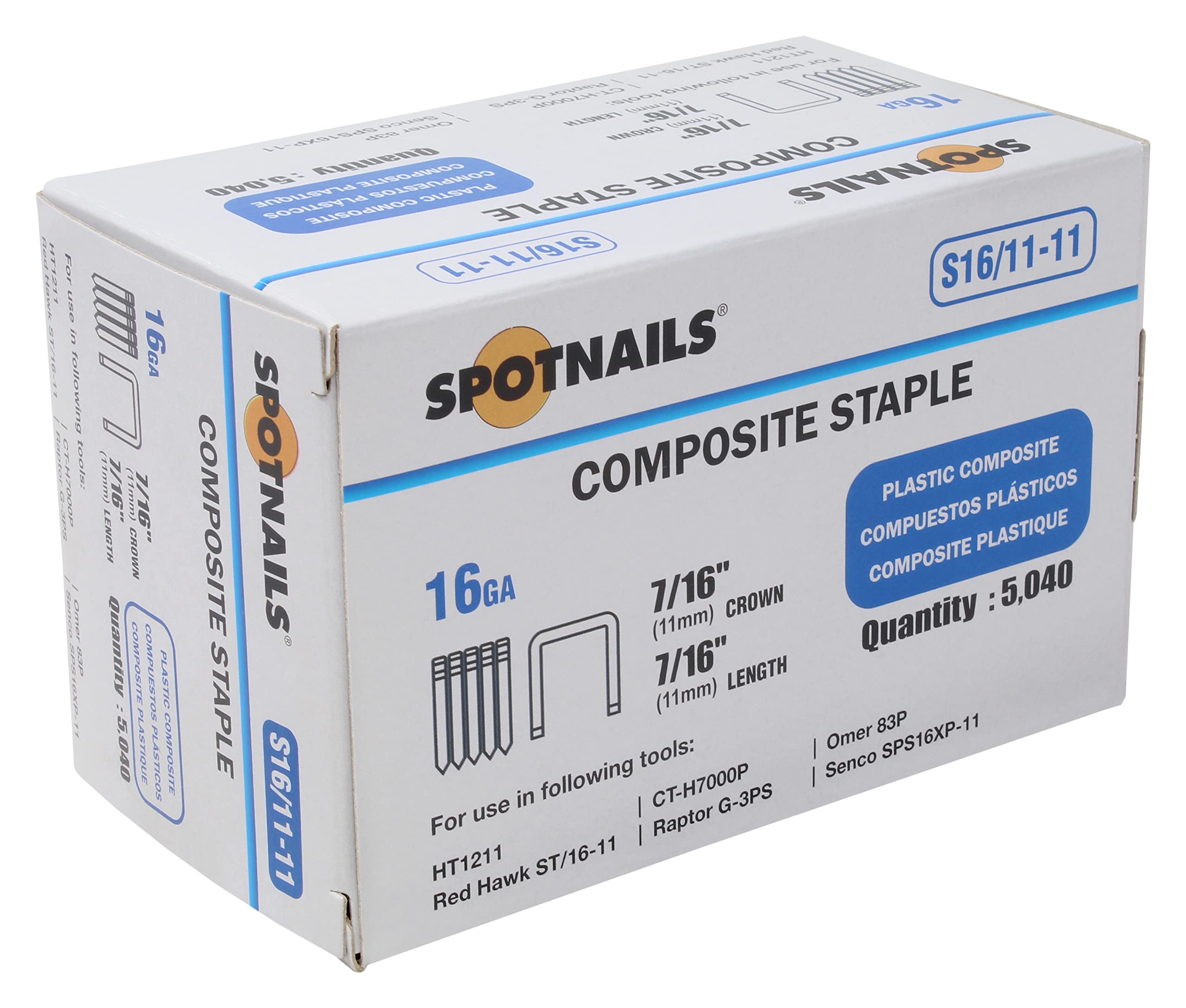 Spotnails S16/11-11 16GA 7/16" Crown x 7/16" Leg Composite Staples 5040 Count