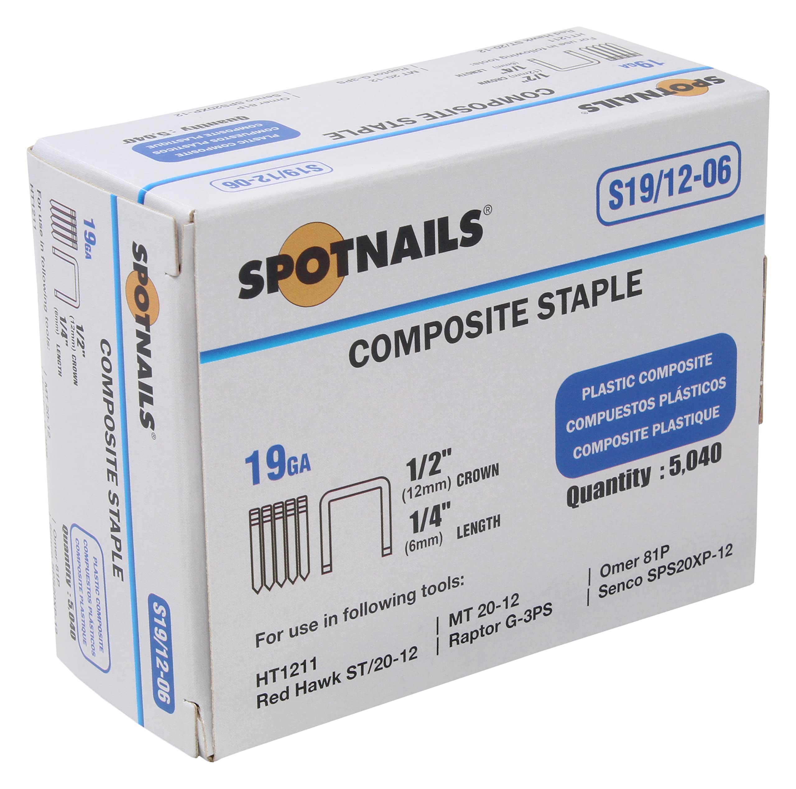 Spotnails S19/12-06 19GA 1/2" Crown x 1/4" Leg Composite Staples 5040 Count, White