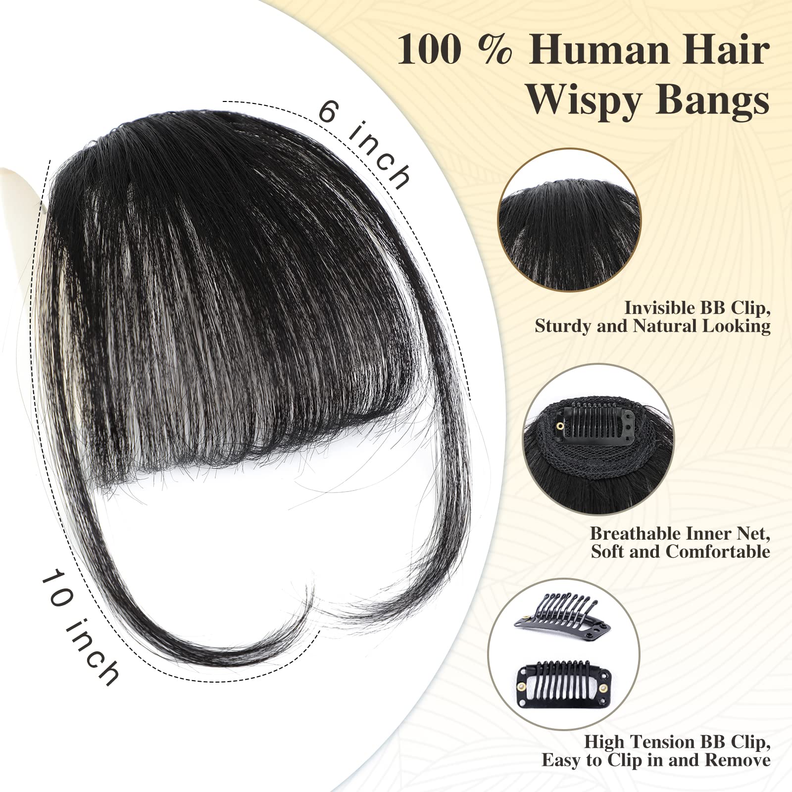 VERNA Bangs Hair Clip in Bangs - 100% Real Human Hair Bangs Clip in Hair Extensions, Easy to Use Fake Bangs, Natural Clip on Bangs, Black Wispy Bangs for Daily Wear (1B, Natural Black)