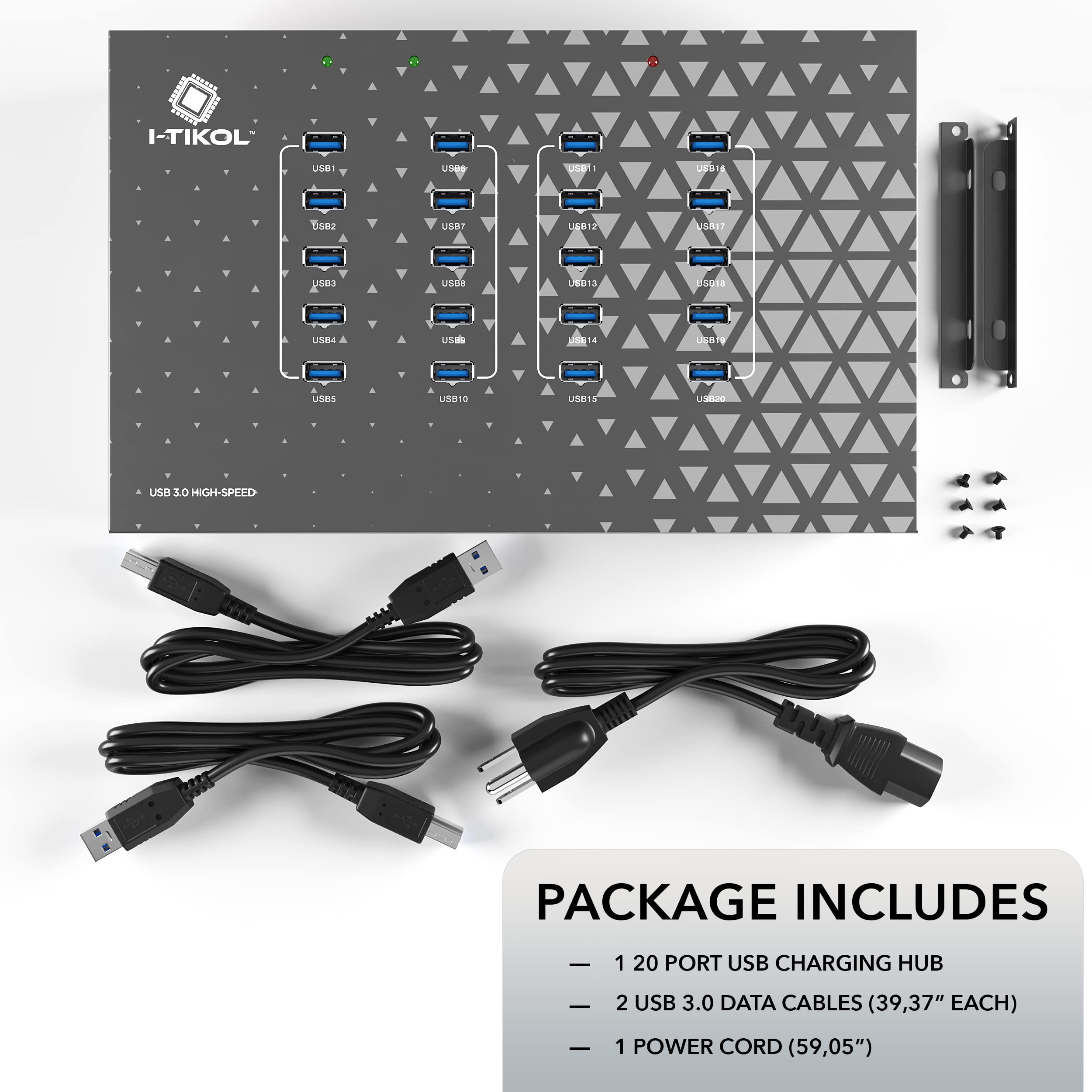 Powered USB Hub – 20 Port USB 3.0 Hub - 5Gbps Sync & High-Speed Data Transfer Multiple USB Splitter with Built-in 5V 40A Power Adapter - Fan & Mounting Brackets for Phone MB Laptop Tablet PC - 110V