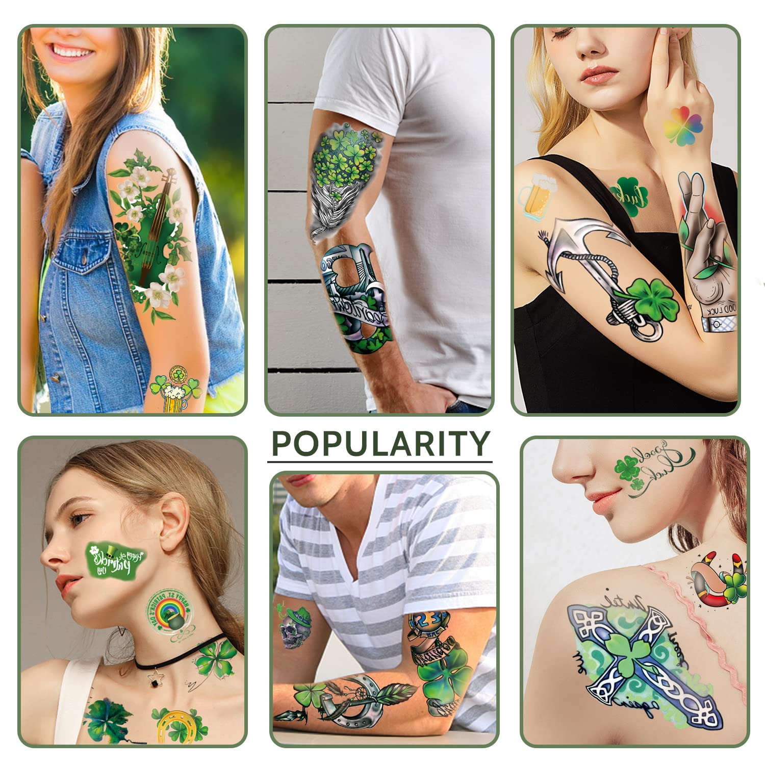 Yazhiji 77sheets St Patricks Day Temporary Tattoo for Girls or Boys 17sheets Larger Half Arm Shamrock Patterned Waterproof Tattoos Stickers for Men or Women And 60 sheets Face Clover Kids Tattoos