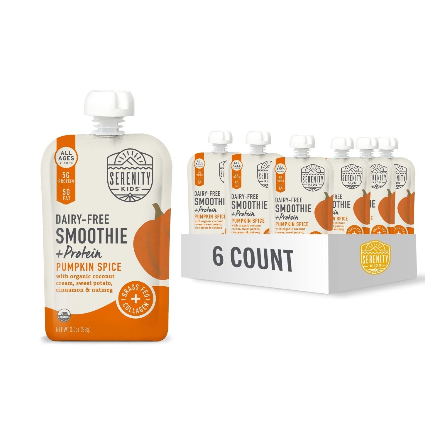 Serenity Kids 6+ Months Dairy-Free Smoothie Baby Food | USDA Organic | Grass Fed Collagen Protein | 3.5 Ounce BPA-Free Pouch | Pumpkin Spice | 6 Count