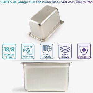 CURTA 6 Pack Anti-Jam Slotted Hotel Pans with Lids, 1/4 Size 2 1/2 Inch Deep, NSF Commercial 18/8 Stainless Steel Chafing Steam Table Food Pan with Covers