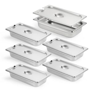 curta 6 pack anti-jam slotted hotel pans with lids, 1/3 size 2 1/2 inch deep, nsf commercial 18/8 stainless steel chafing steam table food pan with covers