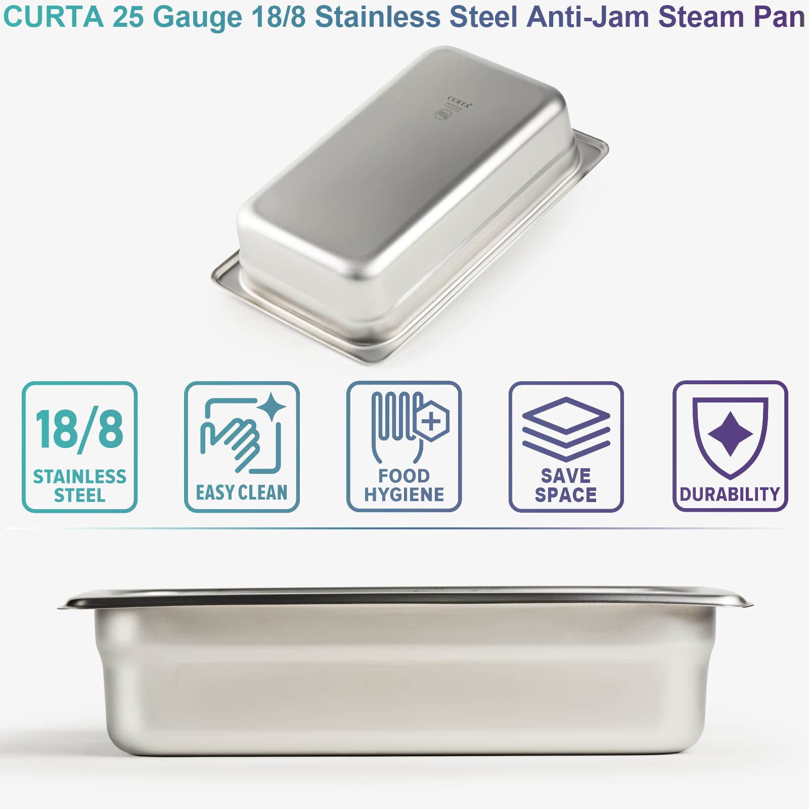 CURTA 6 Pack Anti-Jam Slotted Hotel Pans with Lids, 1/4 Size 2 1/2 Inch Deep, NSF Commercial 18/8 Stainless Steel Chafing Steam Table Food Pan with Covers