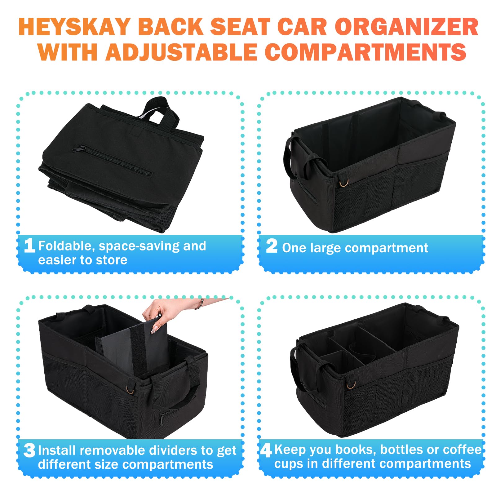 HEYSKAY Back Seat Car Organizer With Tissue Box Passenger Front Seat Organizer Car Caddy Organizer with Coffee Cup Drink Holder Toy Books Storage for Car (Black)