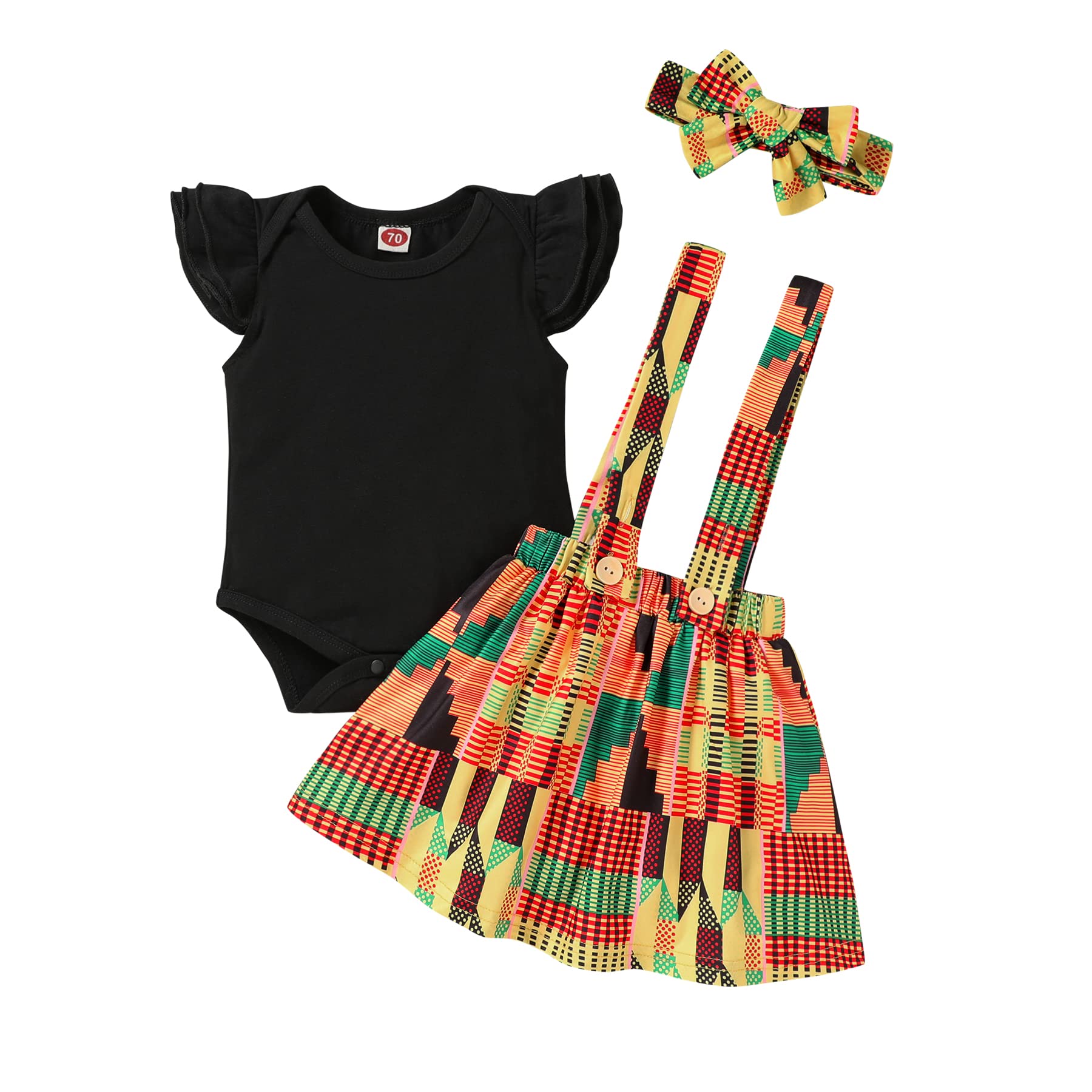 YOUNGER TREE Infant Toddler Baby Girl Summer Outfit Sunflower Strap Sets Sleeveless Romper Suspender Skirt 3pcs Clothing Sets (Dashiki Ankara, 18-24 Months)