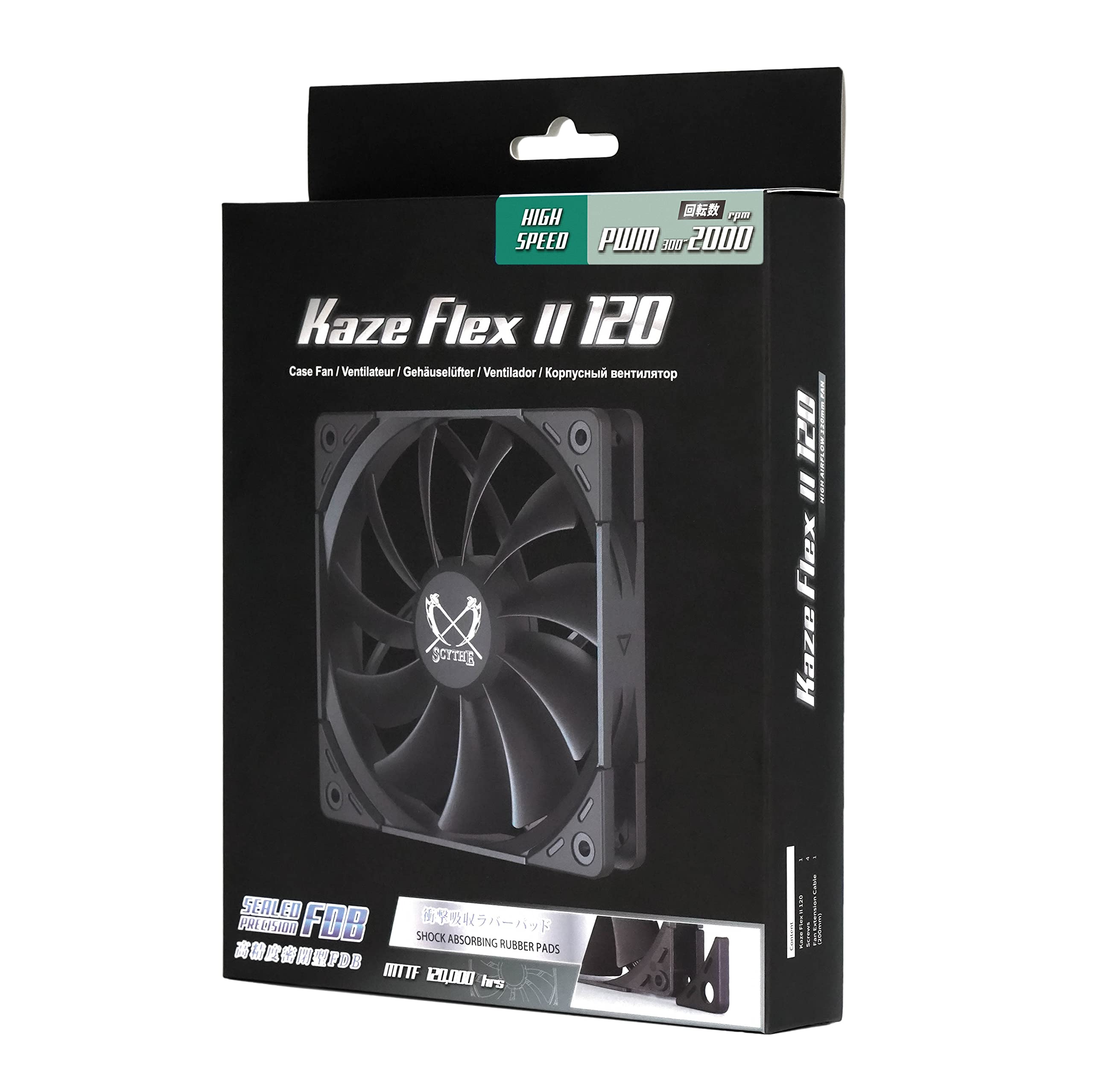 Scythe Kaze Flex II 120 PWN, 120mm x 25mm Air Flow Optimized Quiet Operating Computer Case Fan, Fluid Dynamic Bearing, 4-Pin Connector, Single Pack (Peformance Edition - 2000 RPM)