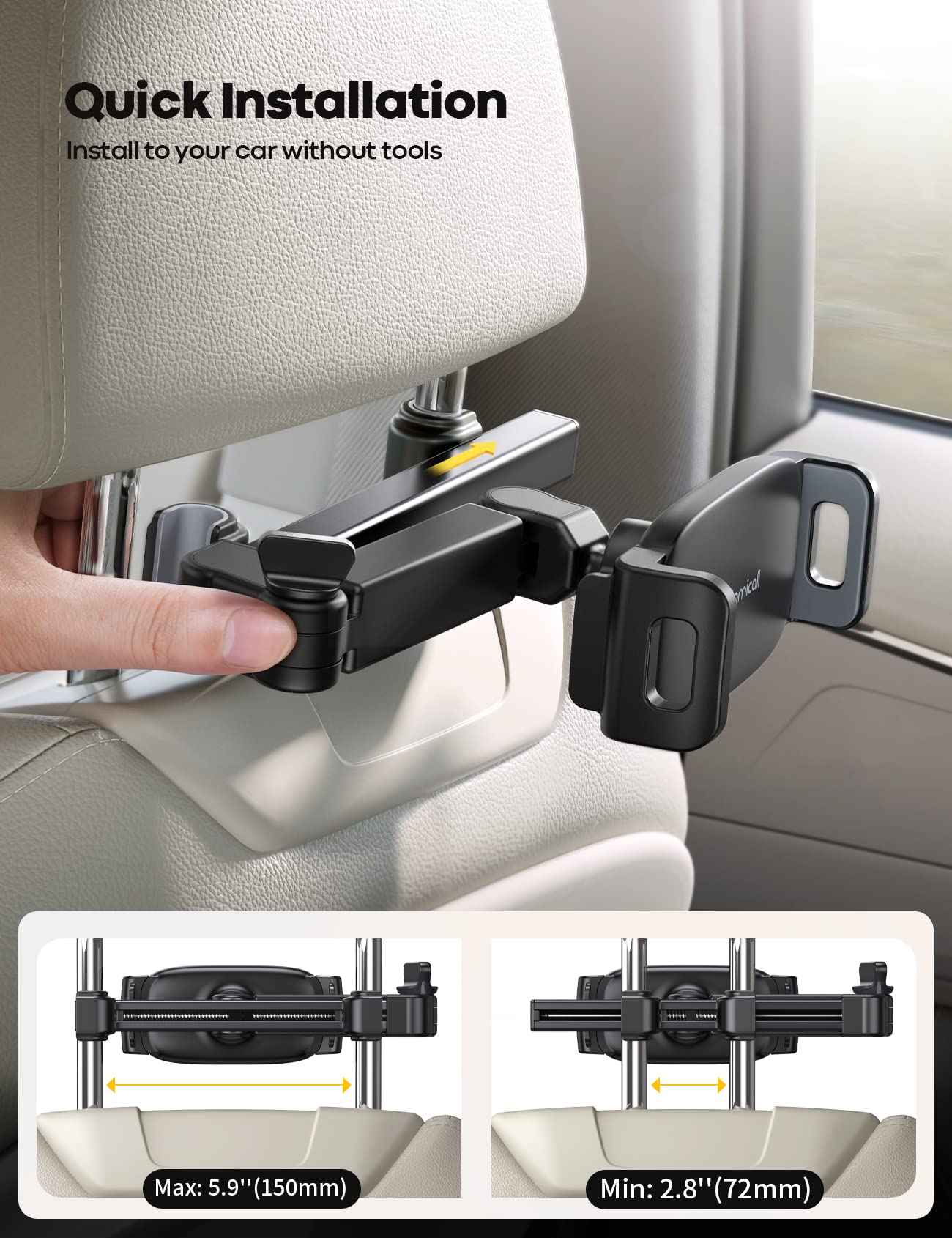 Lamicall Car Headrest Tablet Holder - [3 in 1 Extension Arm] Adjustable Tablet Car Mount for Back Seat, Road Trip Essentials for Kids, for 4.7-11" Tablet Like iPad Pro, Air, Mini, Galaxy, Fire, Black