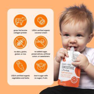 Serenity Kids 6+ Months Dairy-Free Smoothie Baby Food | USDA Organic | Grass Fed Collagen Protein | 3.5 Ounce BPA-Free Pouch | Pumpkin Spice | 6 Count